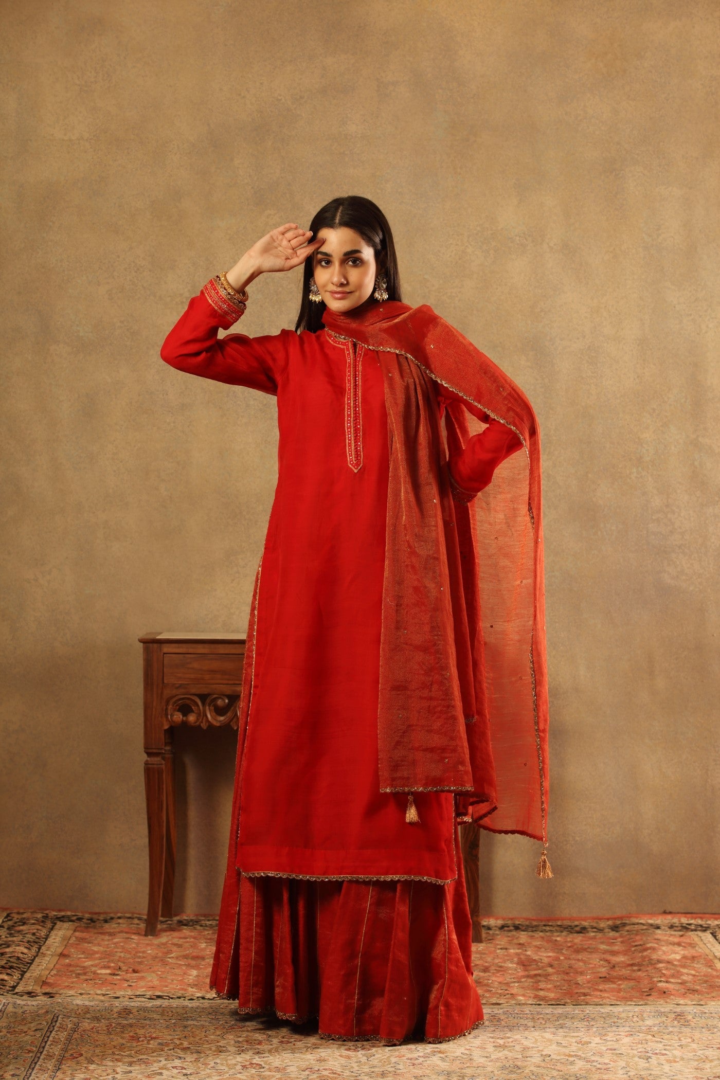 Hand Embroidered Bridal Red Pure Katan Silk Kurta Sharara Set