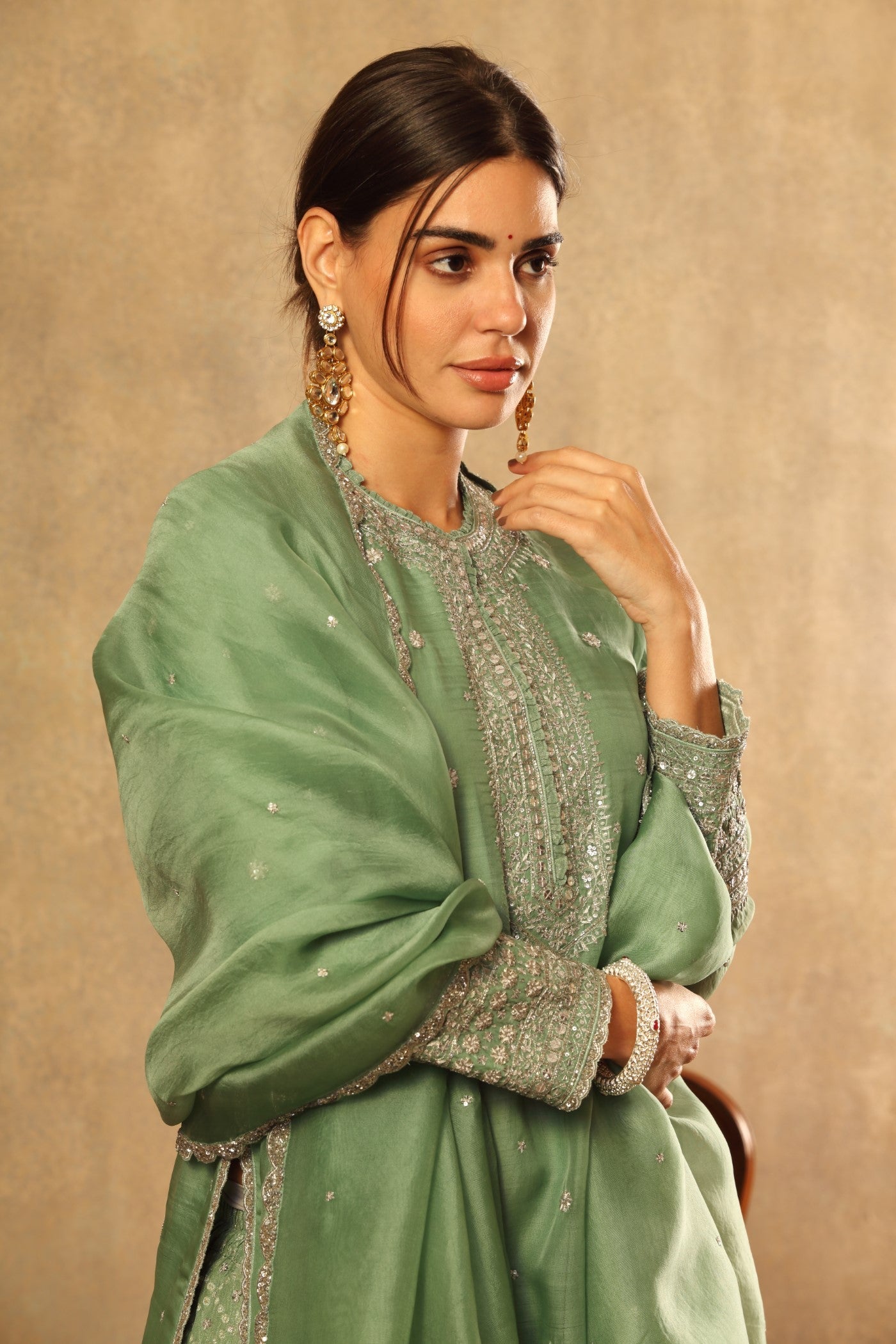 Hand Embroidered Spruce Green Pure Katan Silk Kurta Sharara Set