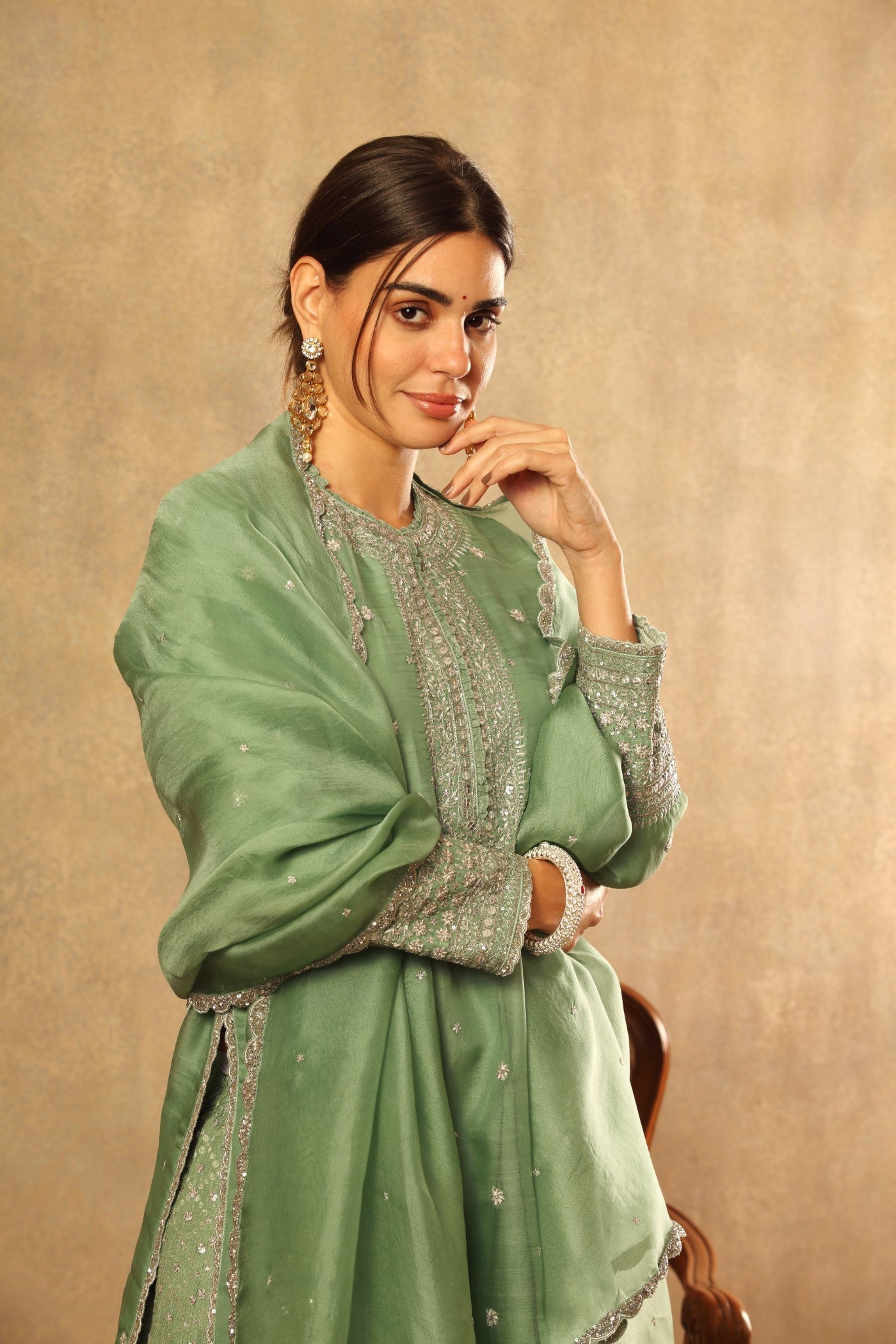 Hand Embroidered Spruce Green Pure Katan Silk Kurta Sharara Set