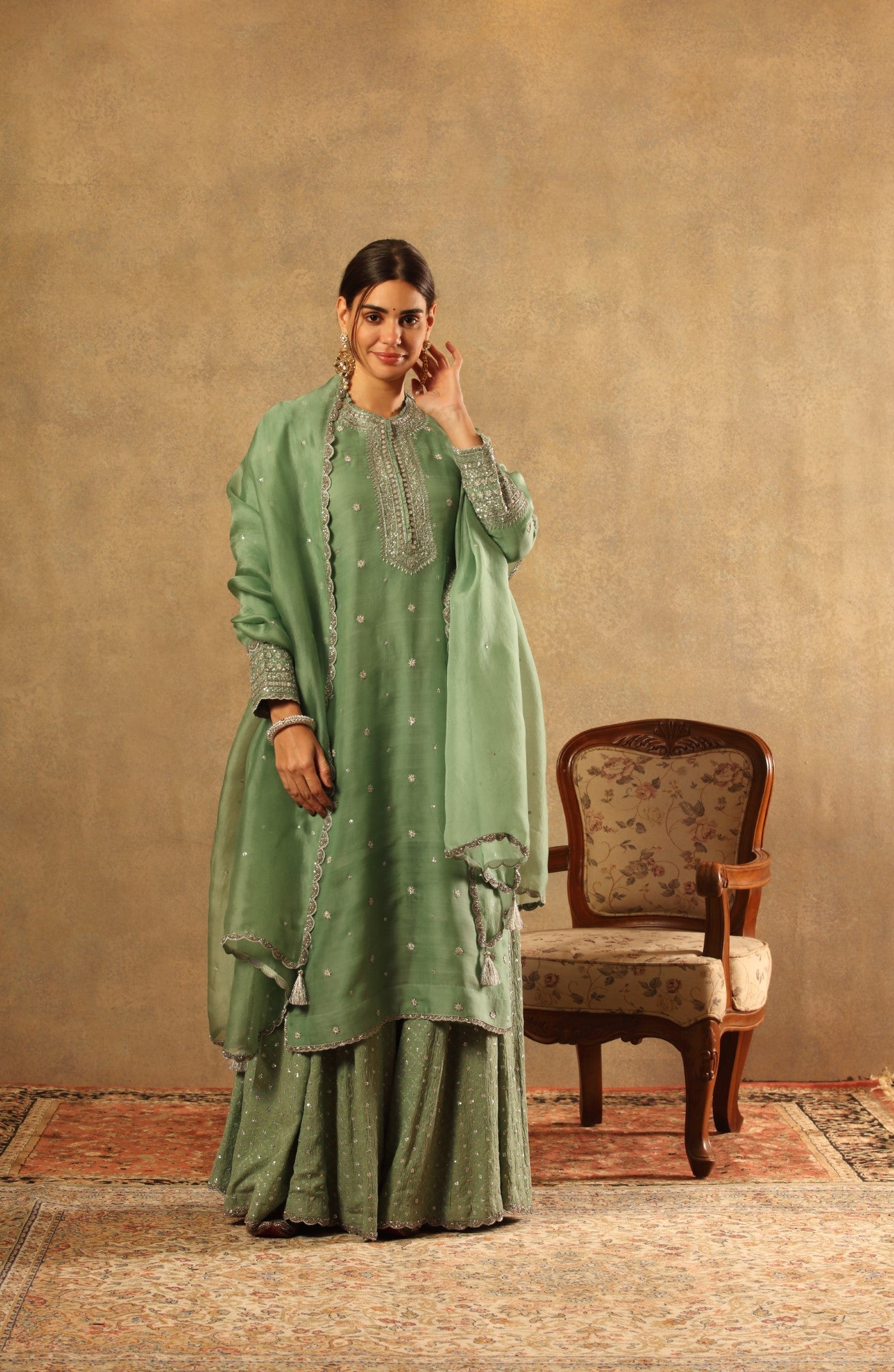 Hand Embroidered Spruce Green Pure Katan Silk Kurta Sharara Set