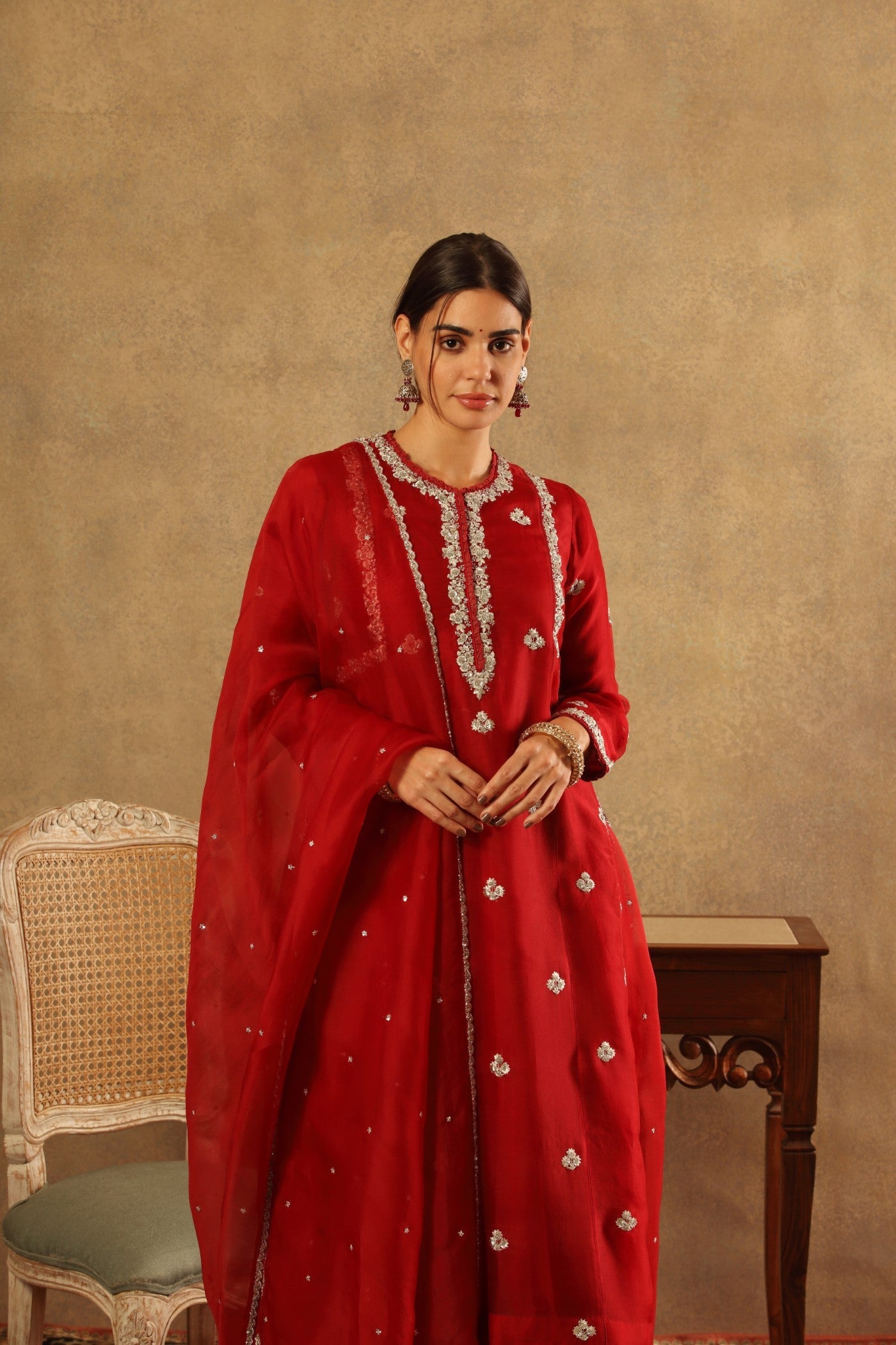 Hand Embroidered Maroon Pure Silk Organza Kurta Sharara Set