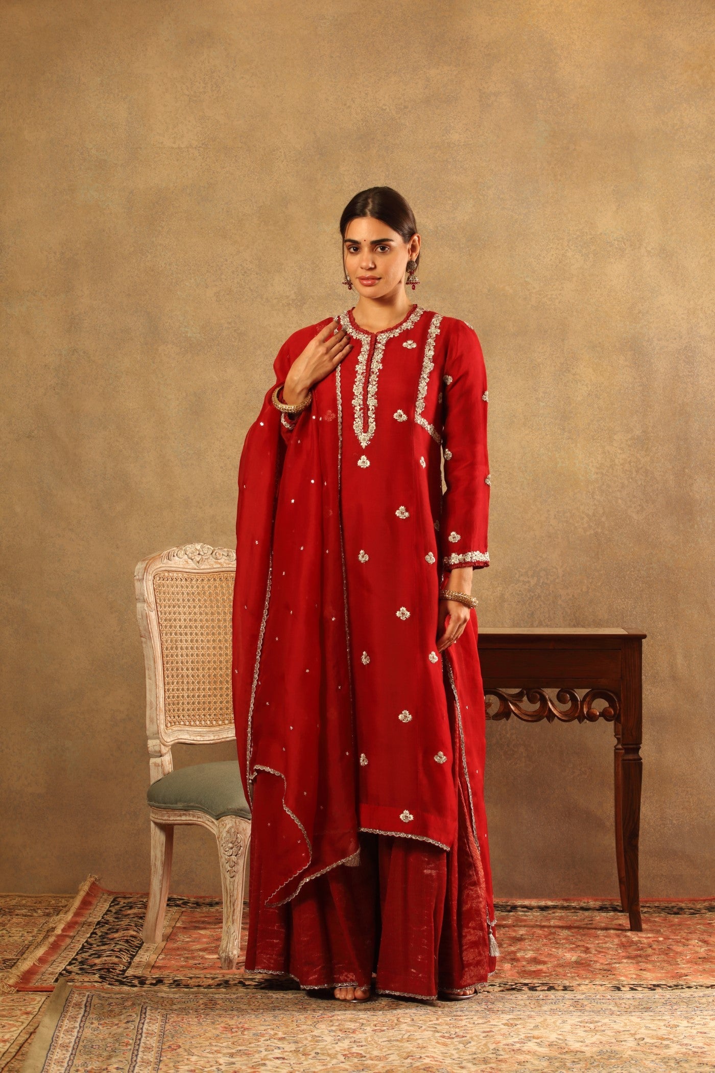 Hand Embroidered Maroon Pure Silk Organza Kurta Sharara Set