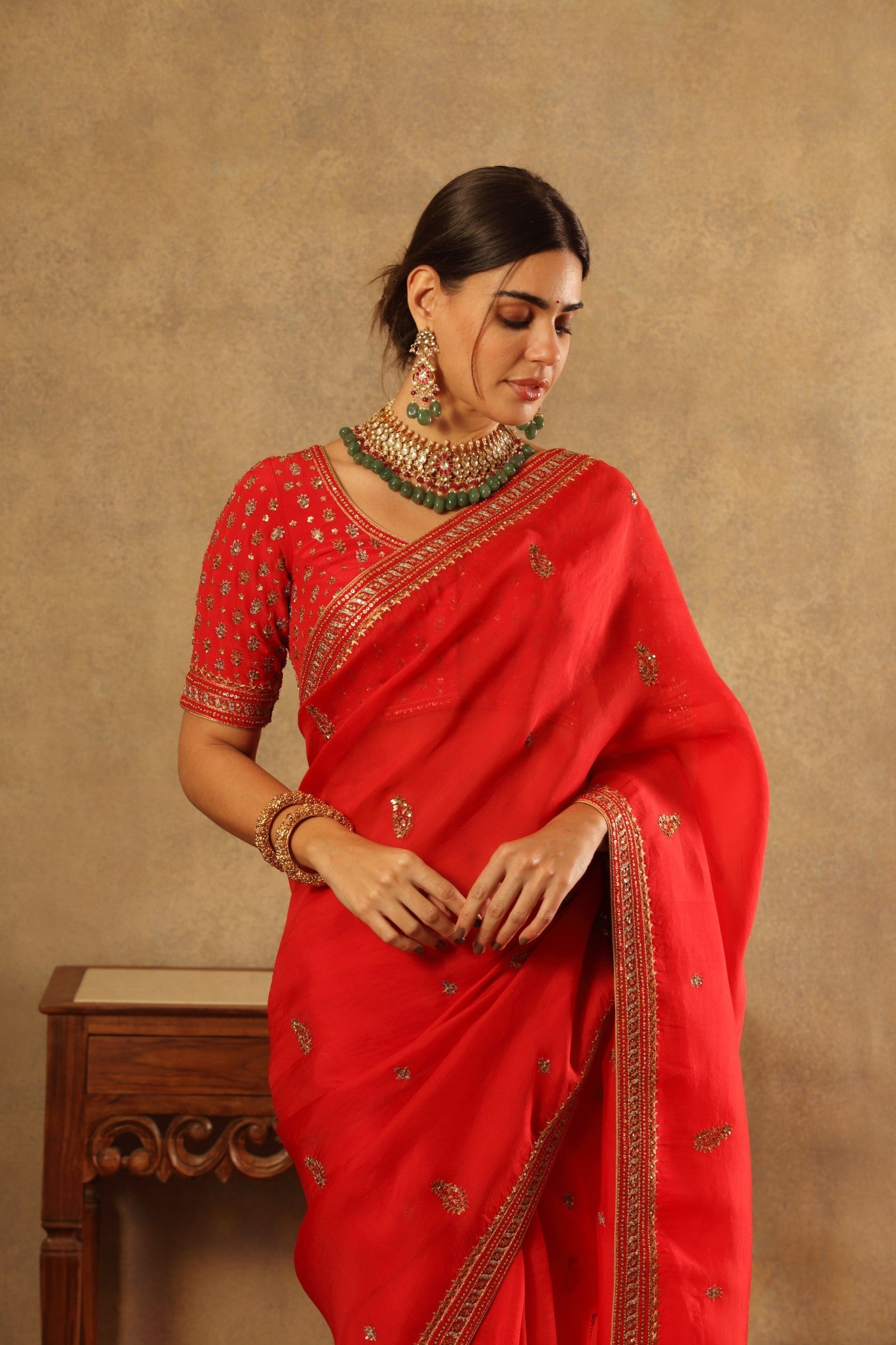 Hand Embroidered Tomato Red Pure Silk Organza Saree Blouse Set