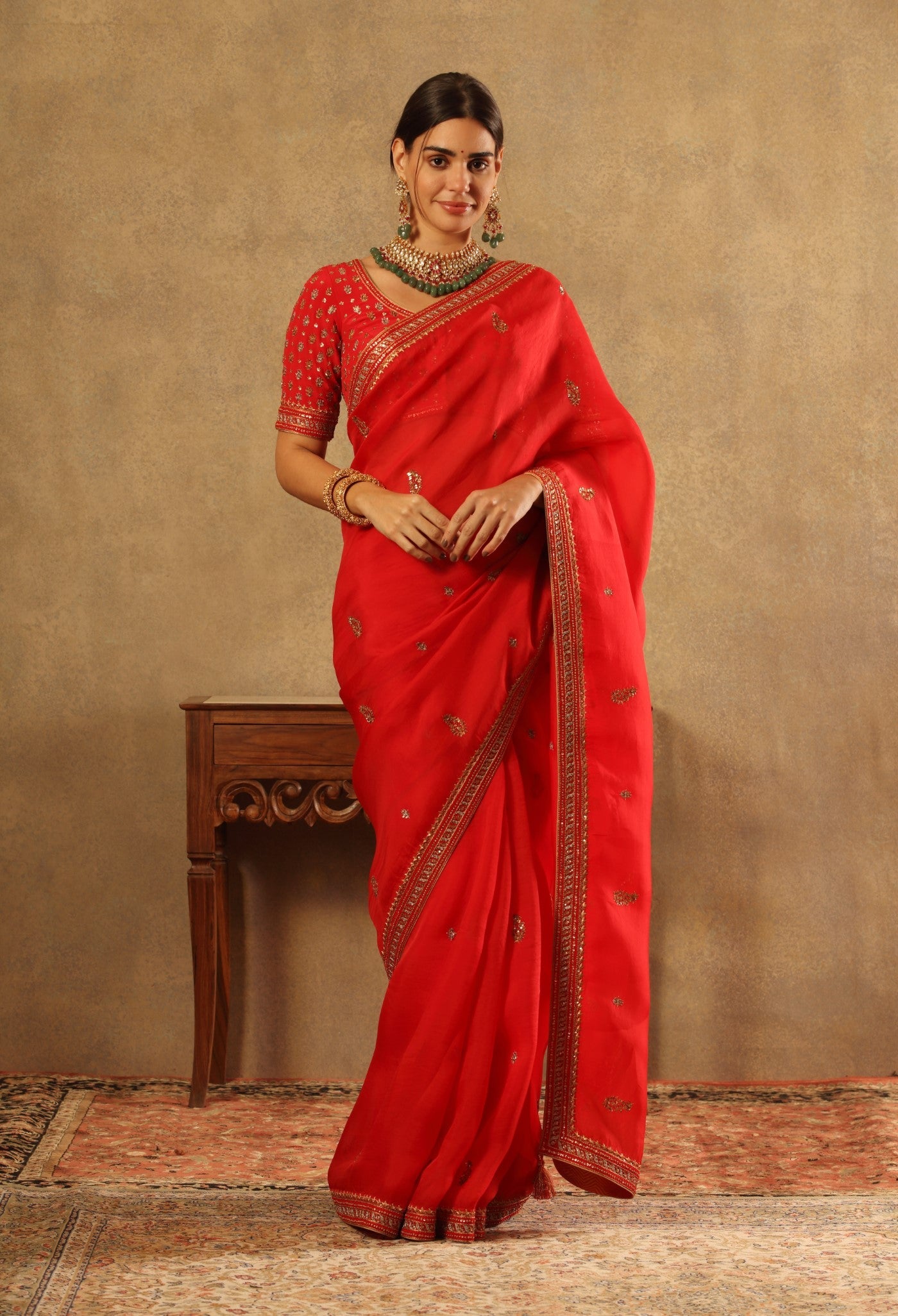 Hand Embroidered Tomato Red Pure Silk Organza Saree Blouse Set