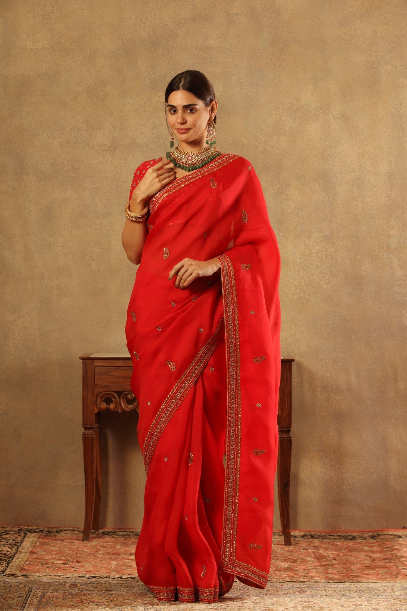 Hand Embroidered Tomato Red Pure Silk Organza Saree Blouse Set