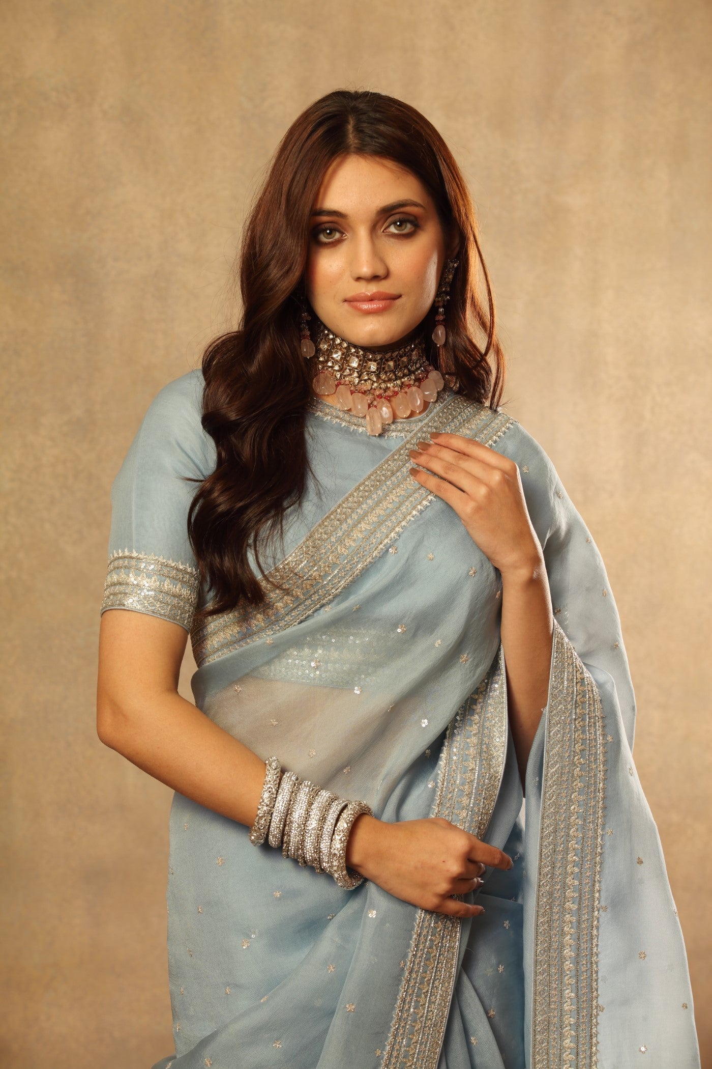 Hand Embroidered Air Blue Pure Silk Organza Saree Blouse Set