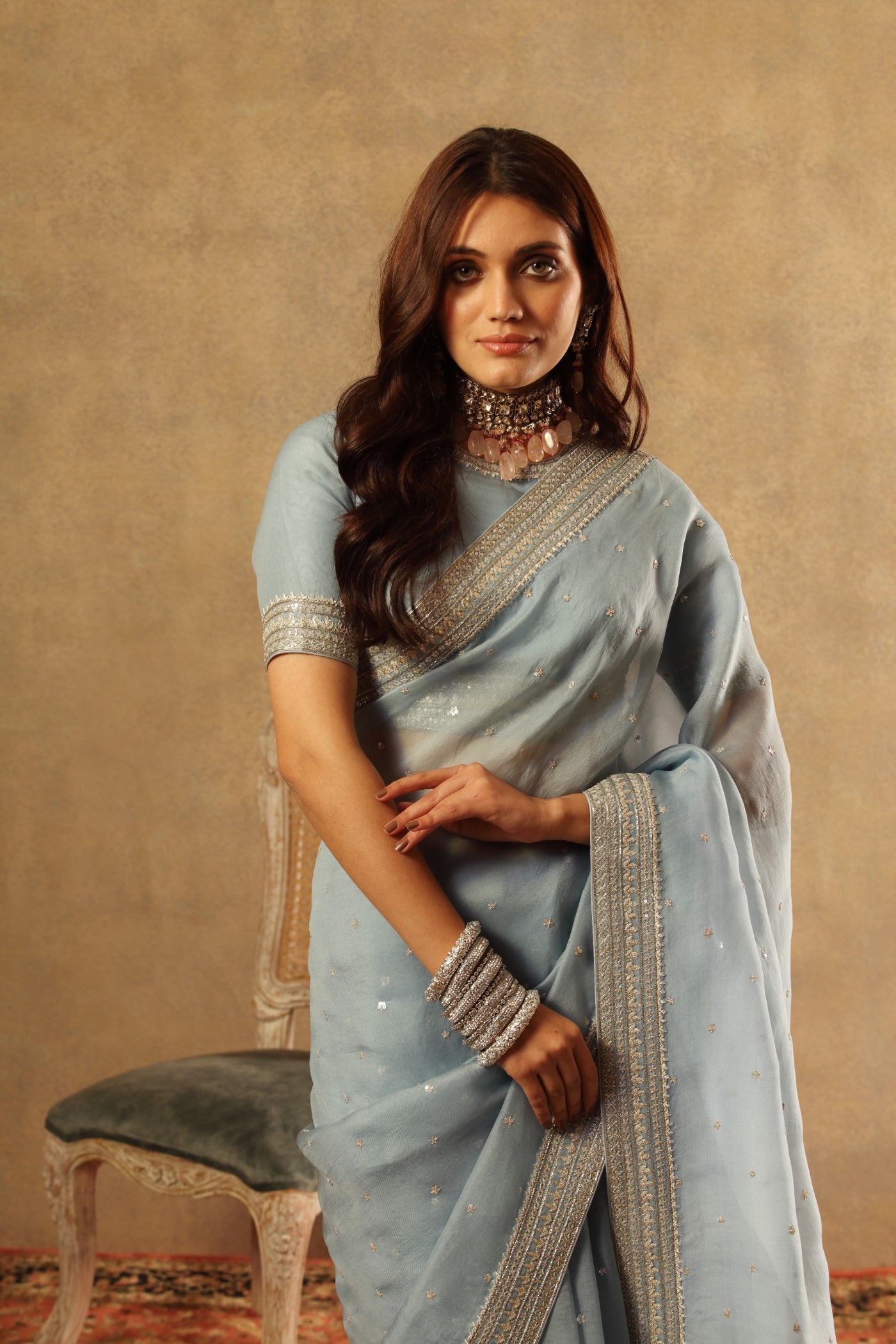 Hand Embroidered Air Blue Pure Silk Organza Saree Blouse Set