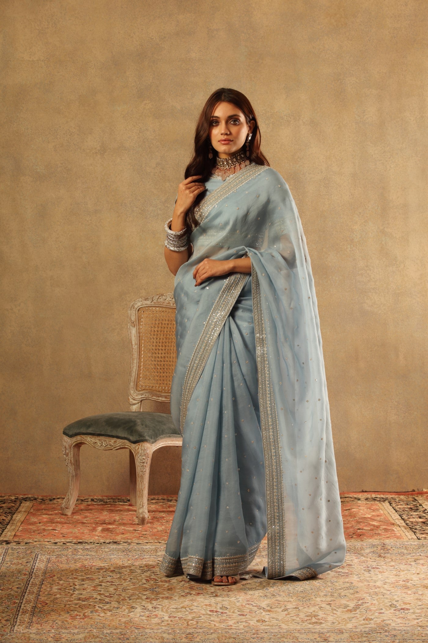 Hand Embroidered Air Blue Pure Silk Organza Saree Blouse Set