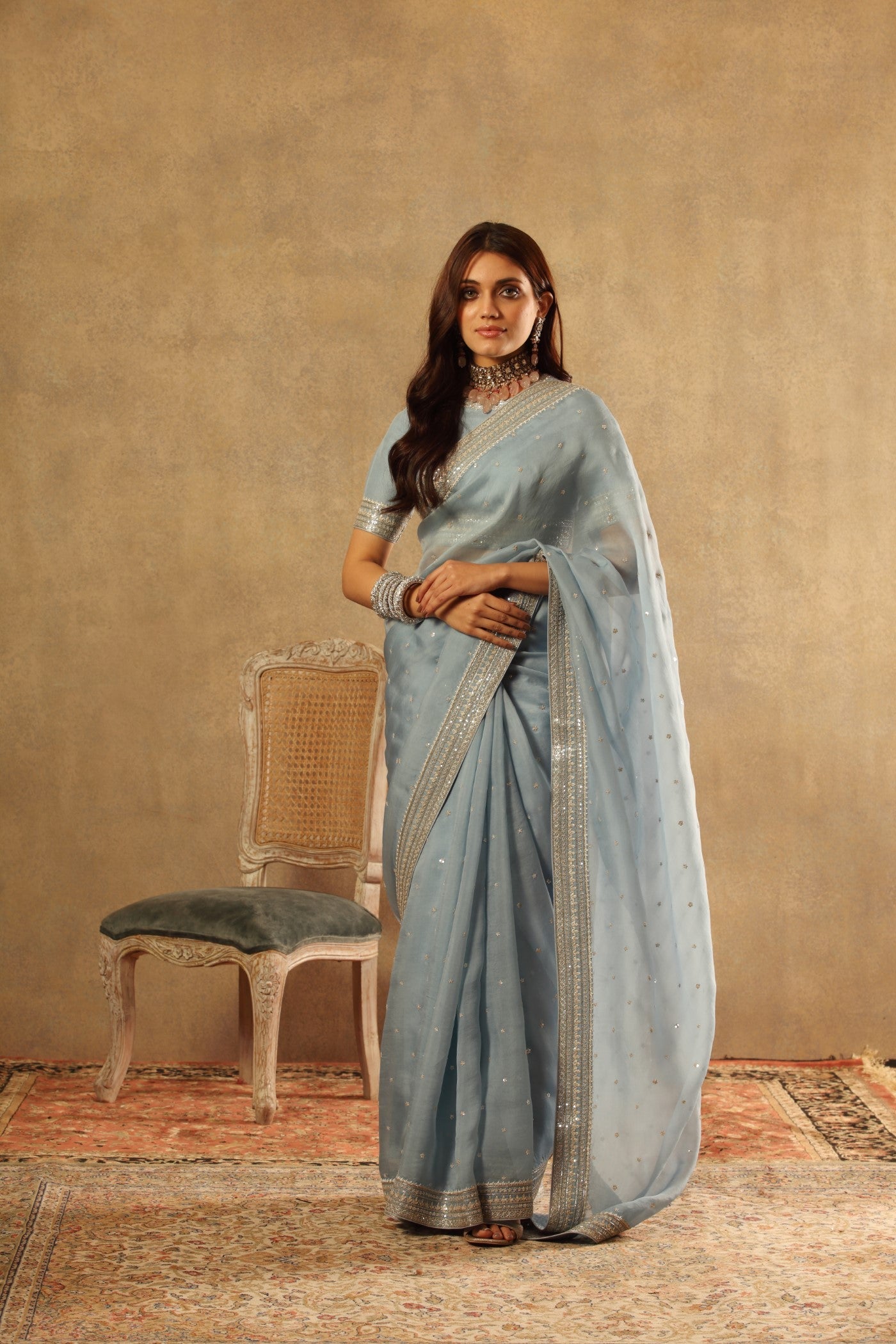 Hand Embroidered Air Blue Pure Silk Organza Saree Blouse Set