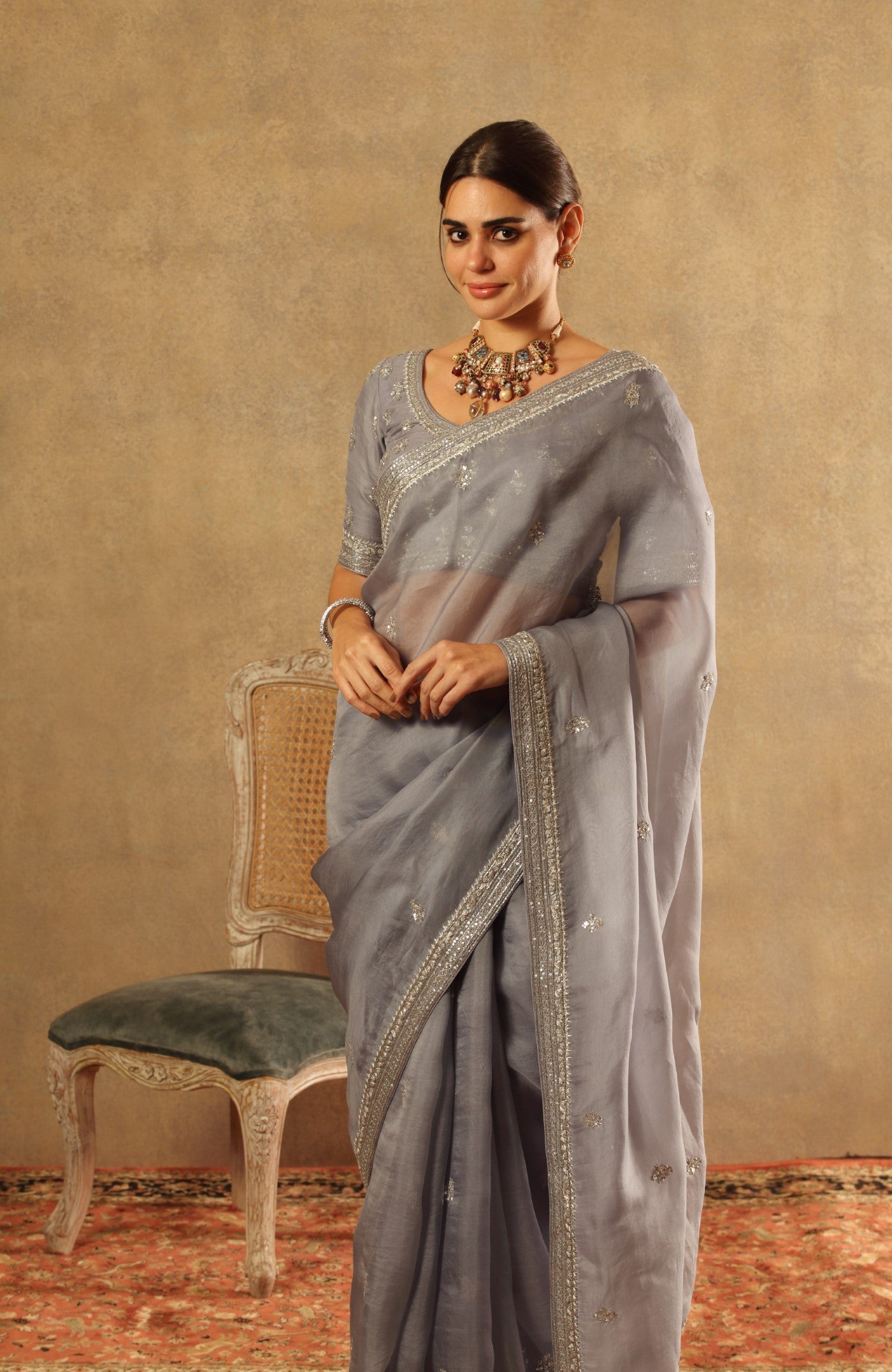Hand Embroidered Faded Denim Pure Silk Organza Saree Blouse Set