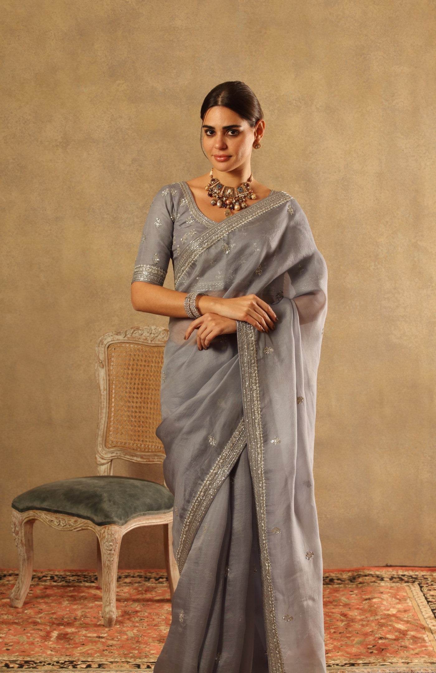 Hand Embroidered Faded Denim Pure Silk Organza Saree Blouse Set