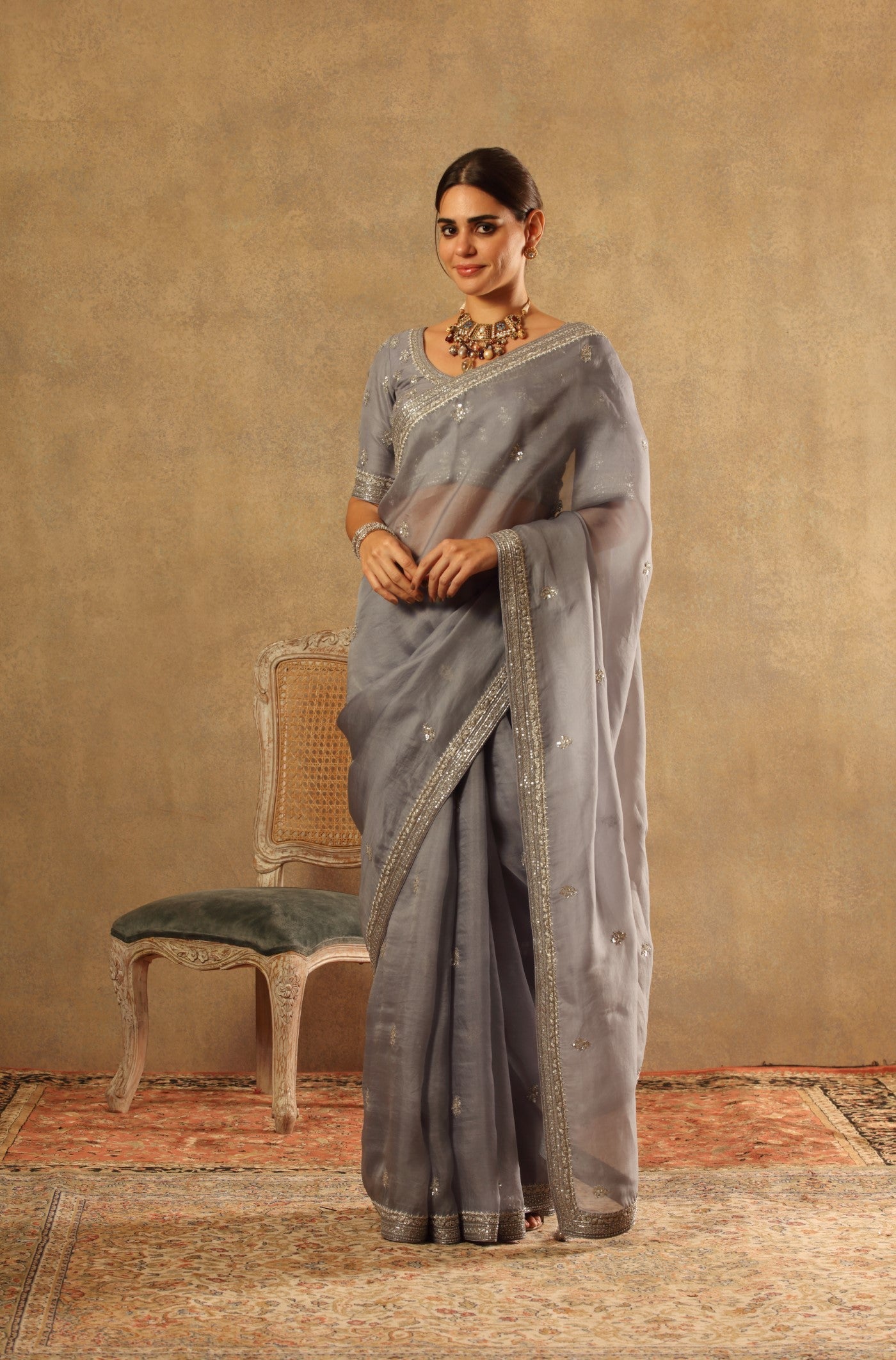 Hand Embroidered Faded Denim Pure Silk Organza Saree Blouse Set