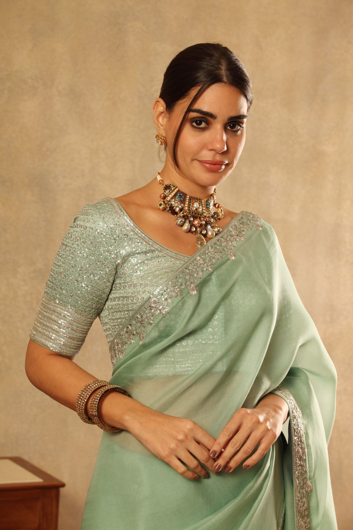 Hand Embroidered Fern Green Pure Silk Organza Saree Blouse Set