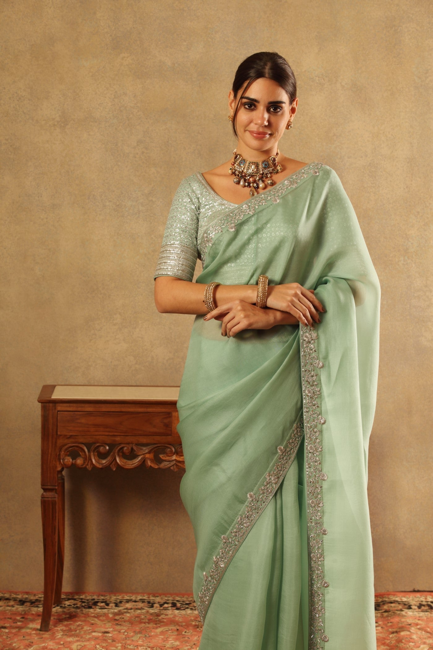 Hand Embroidered Fern Green Pure Silk Organza Saree Blouse Set