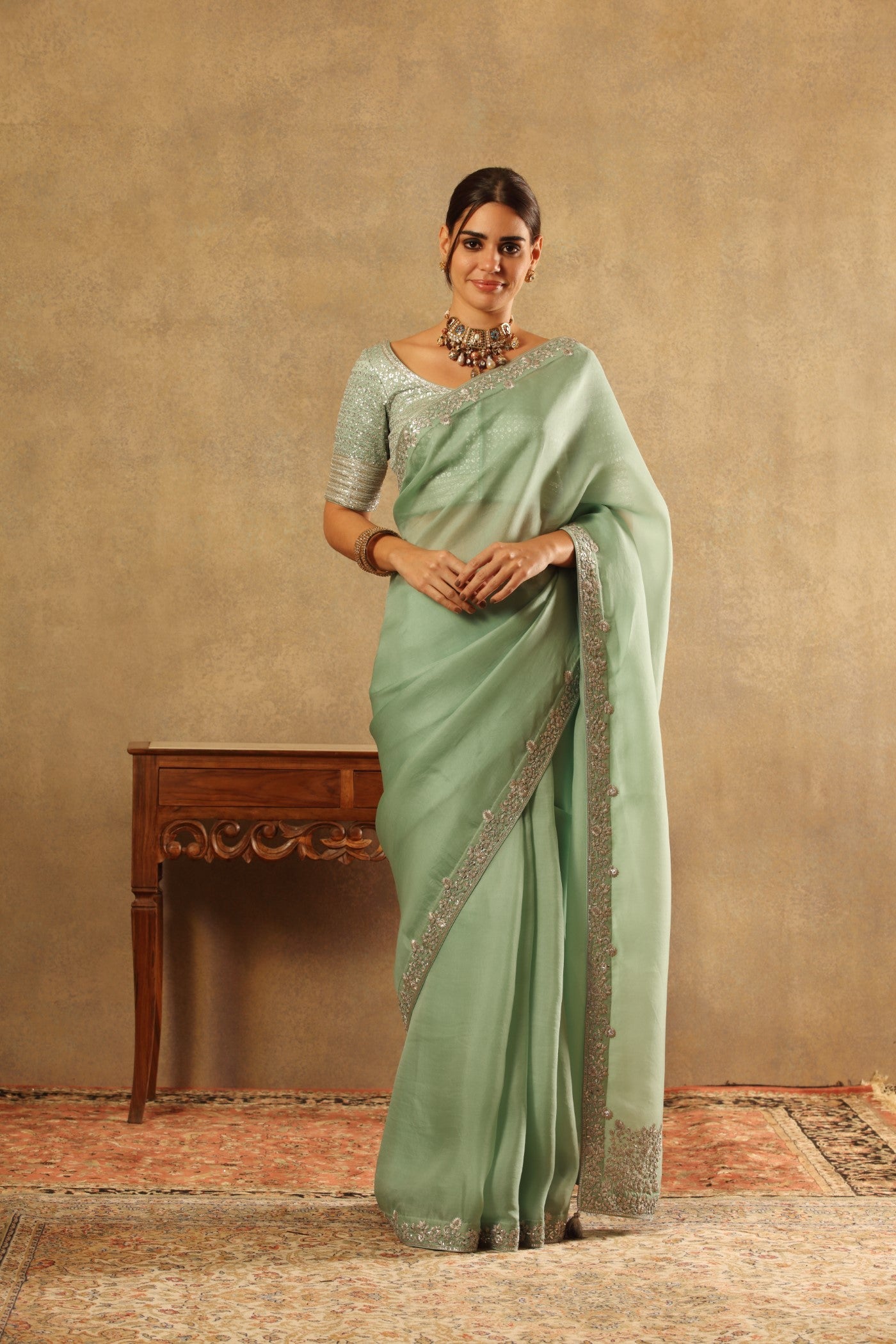Hand Embroidered Fern Green Pure Silk Organza Saree Blouse Set