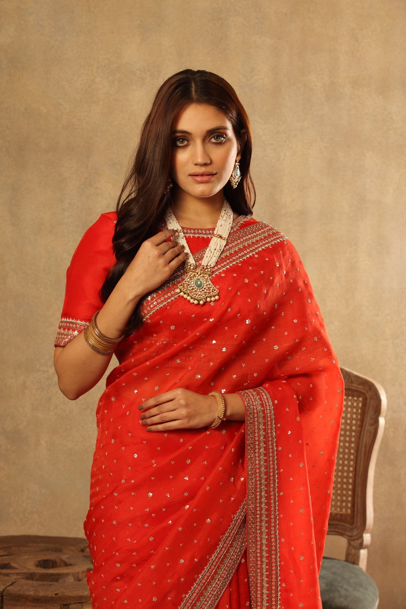 Hand Embroidered Red Orange Pure Silk Organza Saree Blouse Set