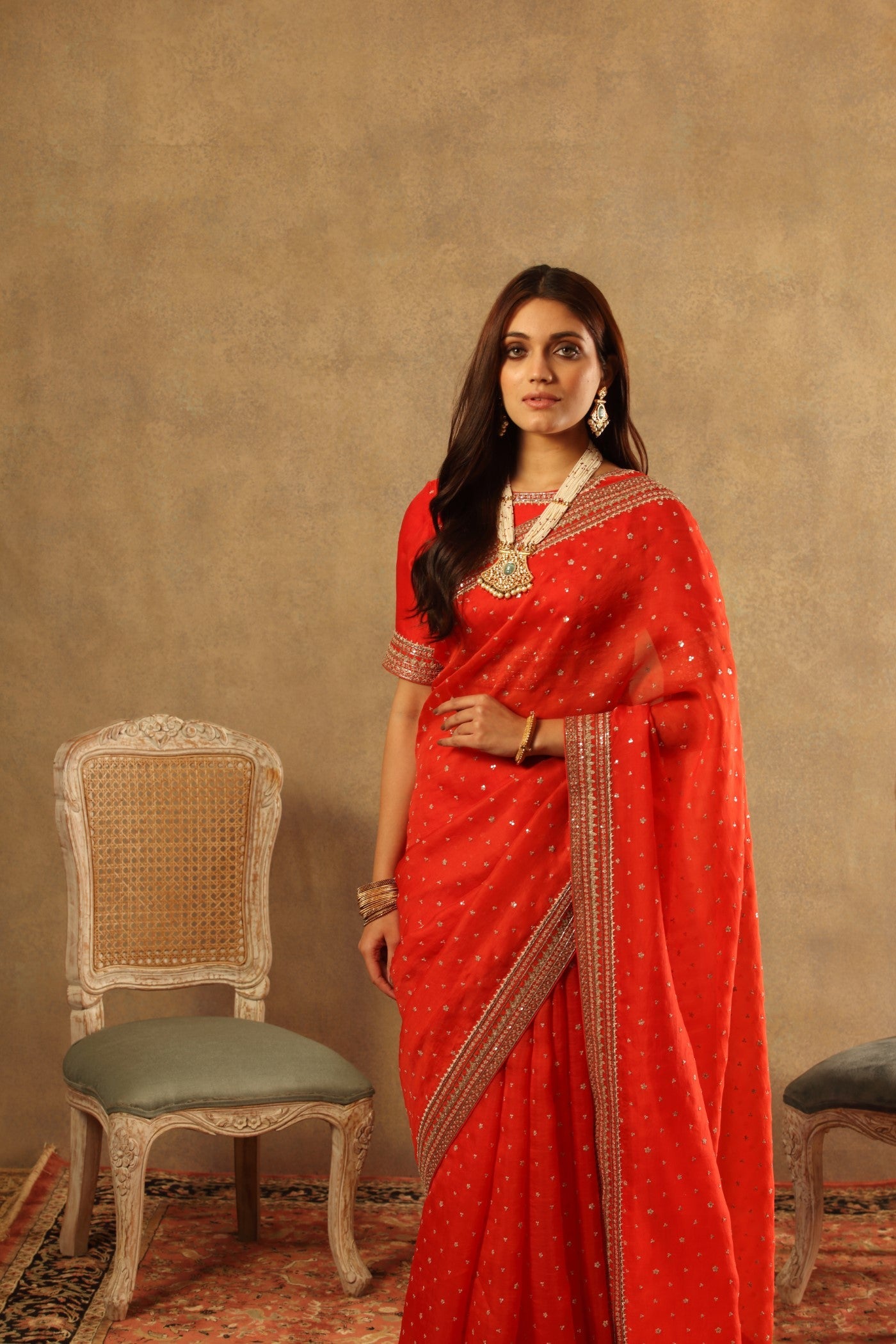 Hand Embroidered Red Orange Pure Silk Organza Saree Blouse Set