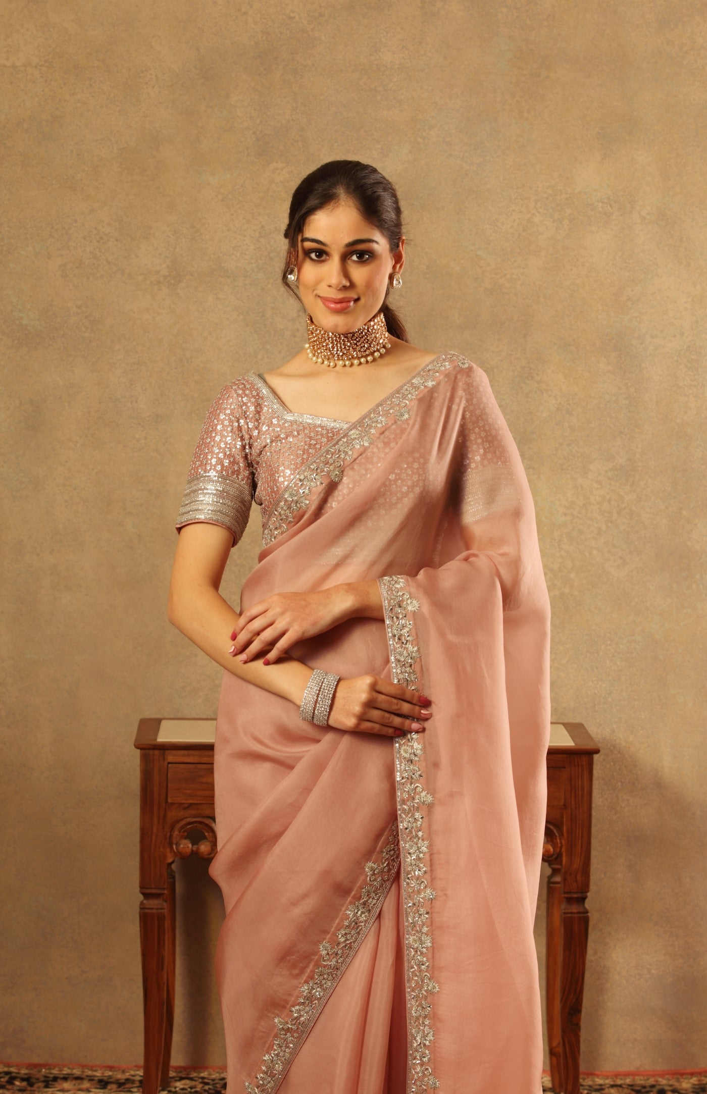 Hand Embroidered Dusty Pastel Pink Pure Silk Organza Saree Blouse Set