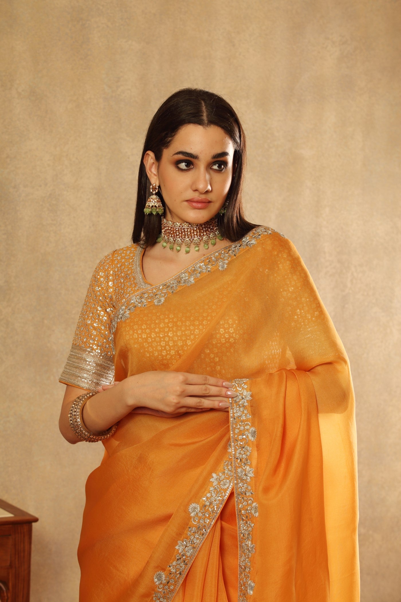 Hand Embroidered Apricot Yellow Pure Silk Organza Saree Blouse Set