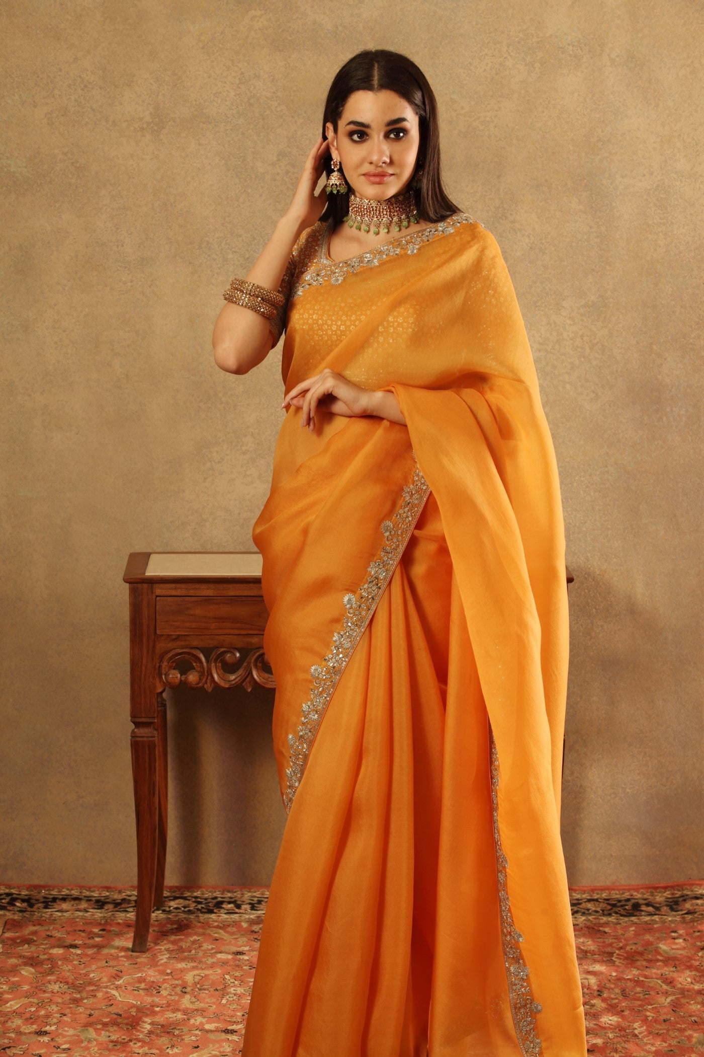 Hand Embroidered Apricot Yellow Pure Silk Organza Saree Blouse Set