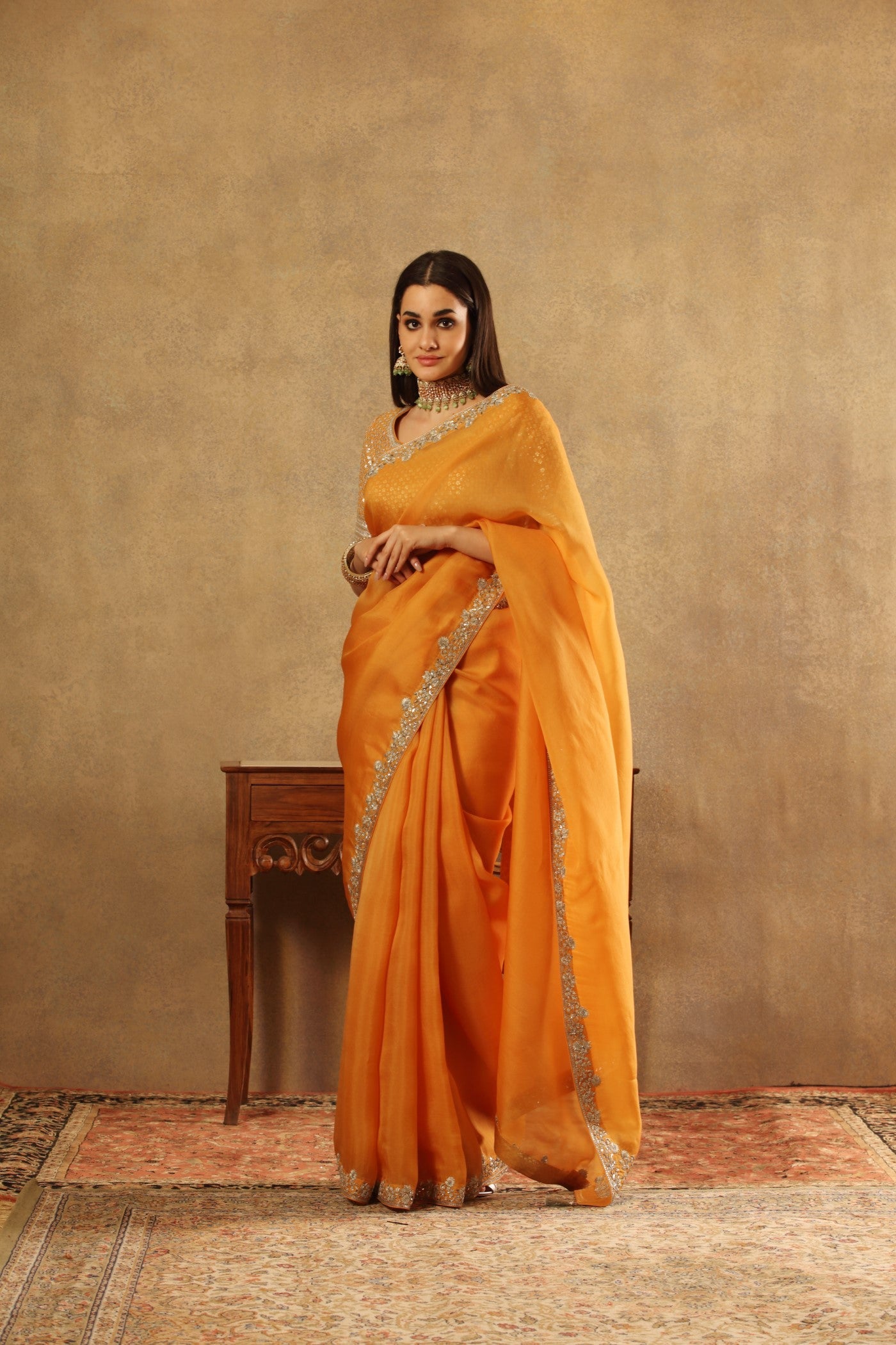 Hand Embroidered Apricot Yellow Pure Silk Organza Saree Blouse Set