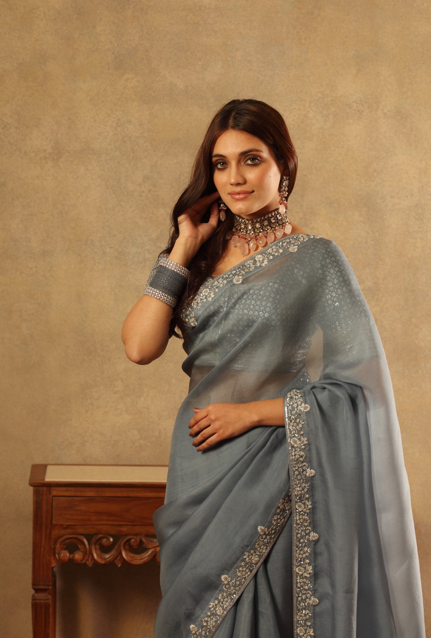 Hand Embroidered Shadow Blue Pure Silk Organza Saree Blouse Set