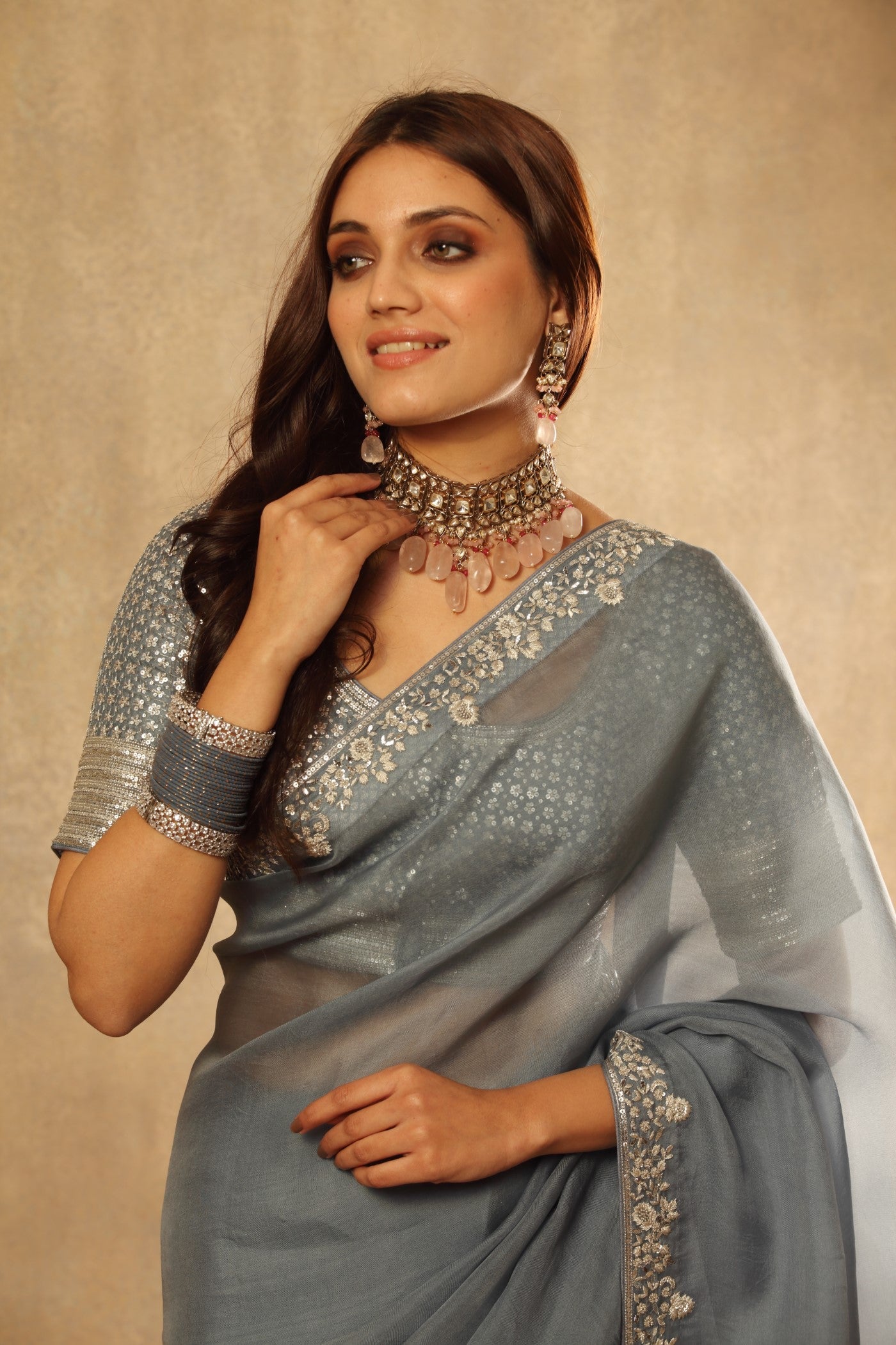 Hand Embroidered Shadow Blue Pure Silk Organza Saree Blouse Set