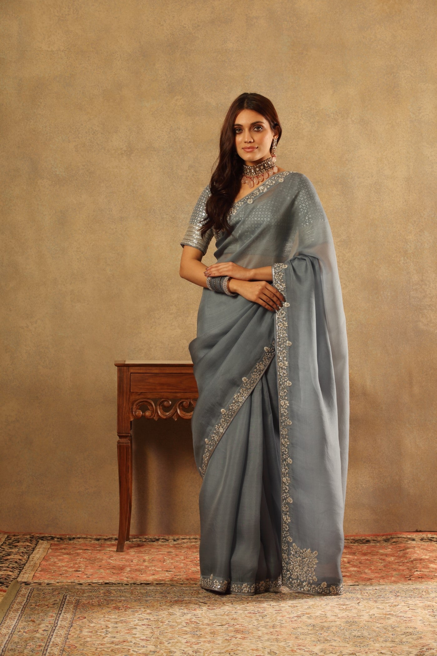Hand Embroidered Shadow Blue Pure Silk Organza Saree Blouse Set