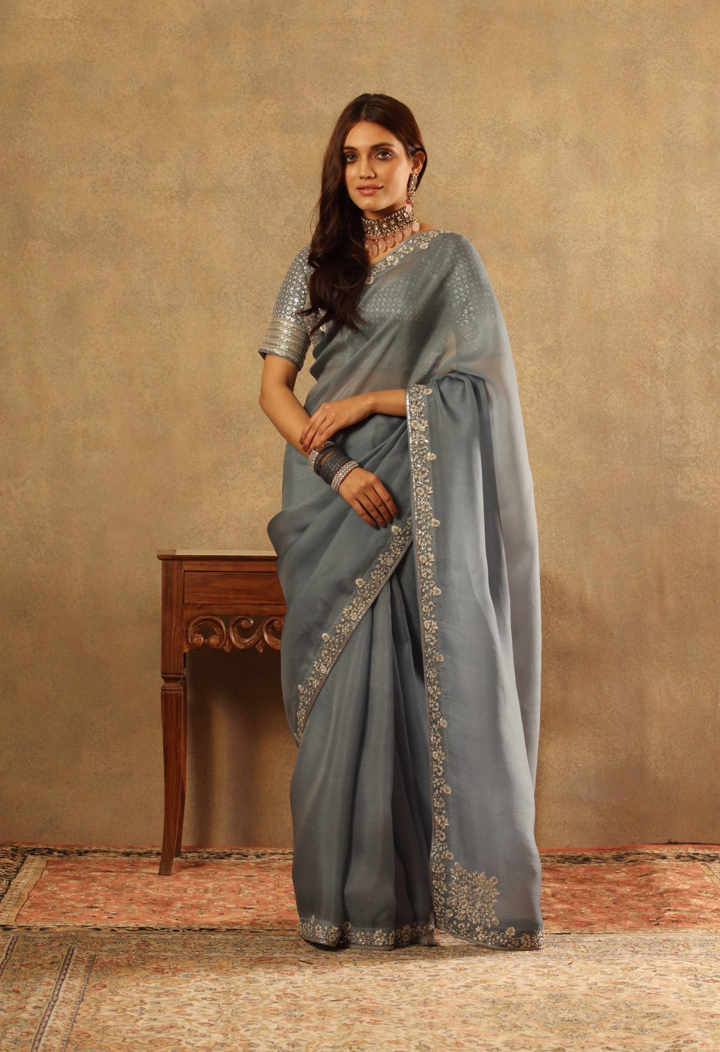 Hand Embroidered Shadow Blue Pure Silk Organza Saree Blouse Set
