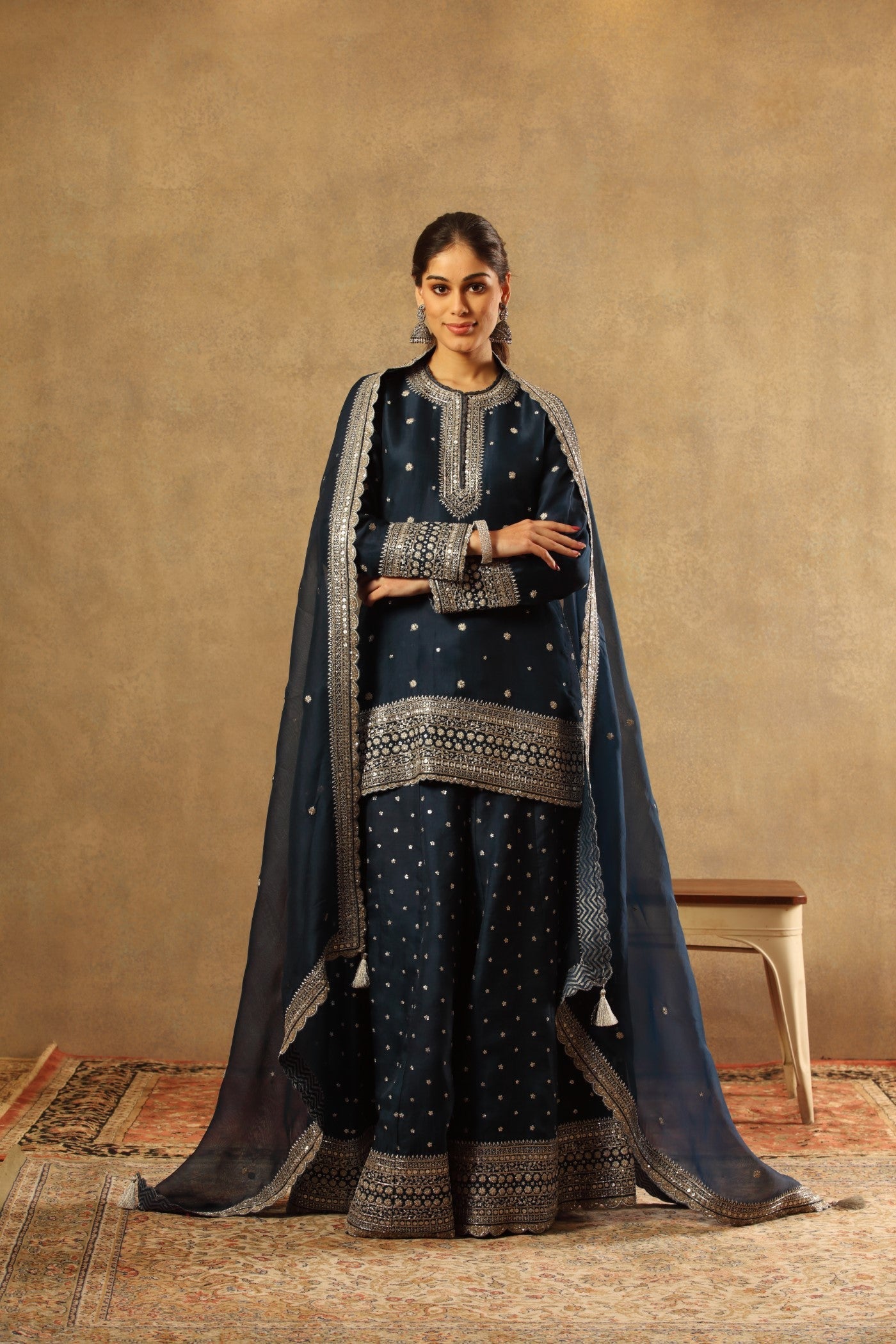 Hand Embroidered Moroccon Blue Pure Silk Organza Short Kurta Sharara Set