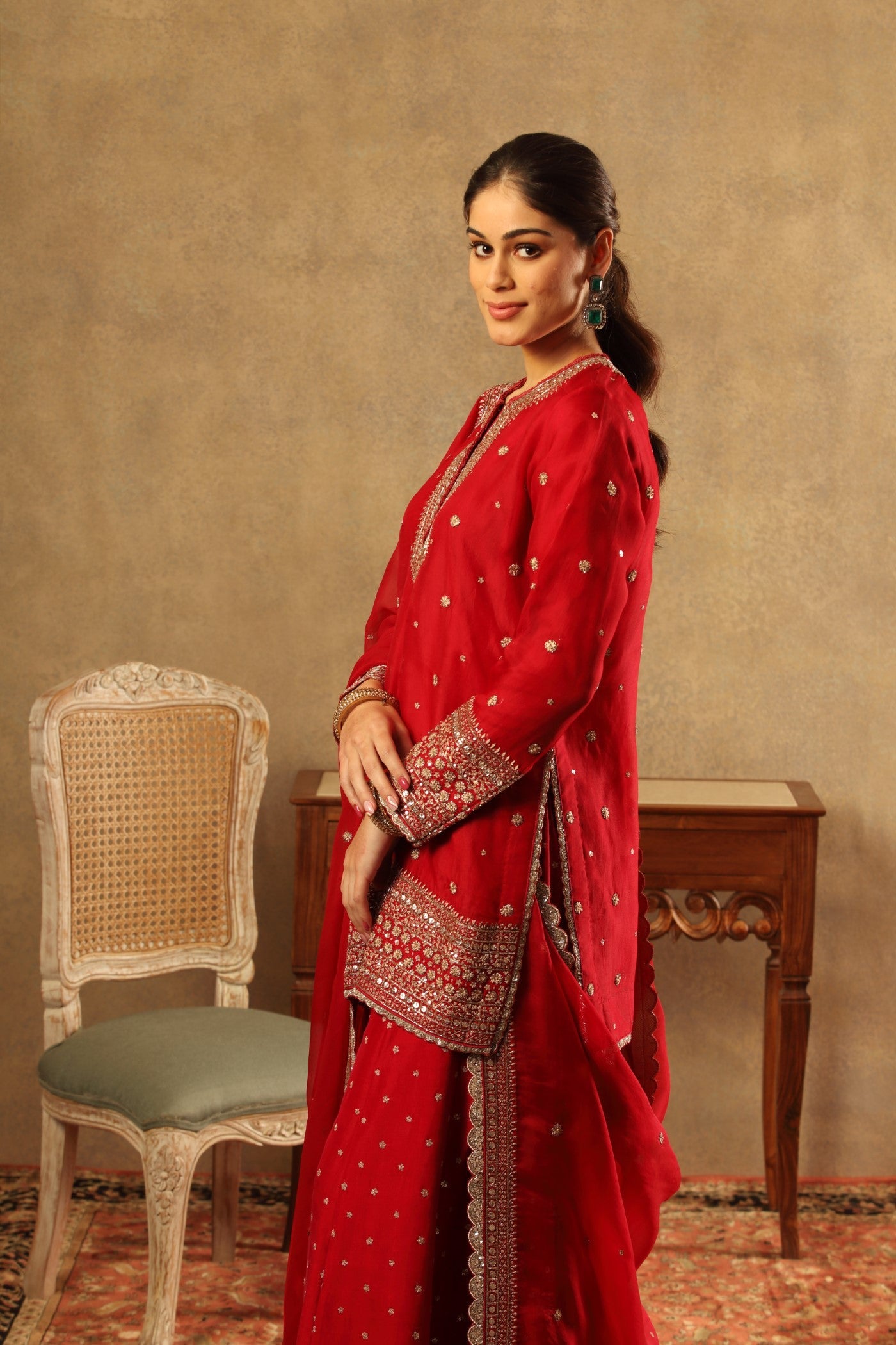Hand Embroidered Maroon Pure Silk Organza Short Kurta Sharara Set