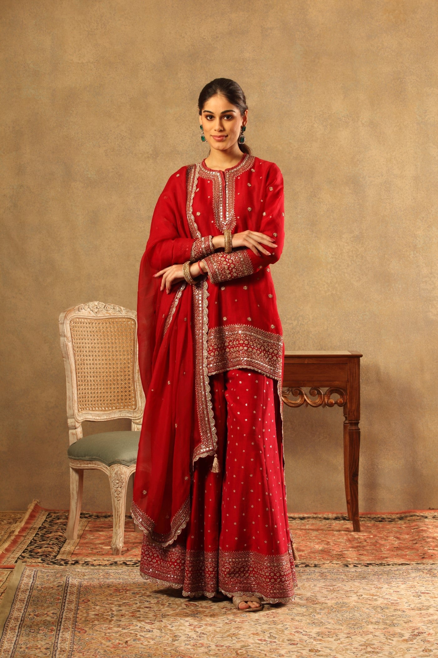 Hand Embroidered Maroon Pure Silk Organza Short Kurta Sharara Set