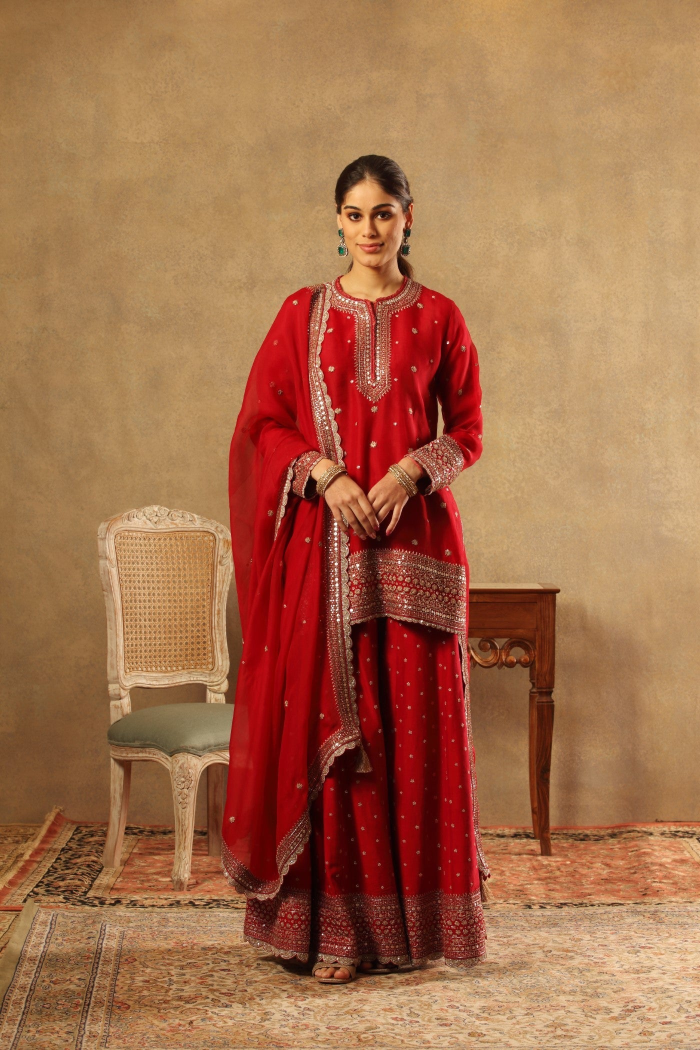 Hand Embroidered Maroon Pure Silk Organza Short Kurta Sharara Set