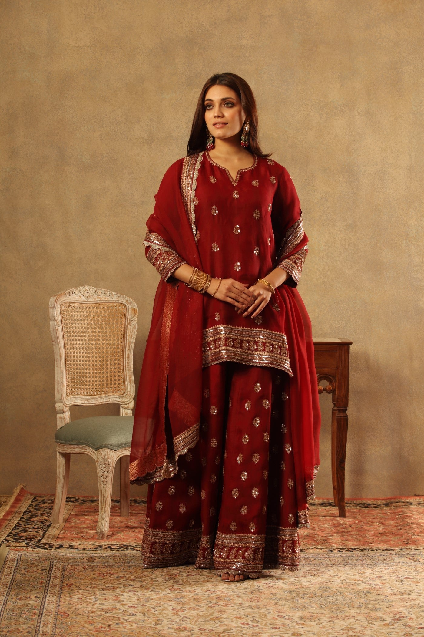 Hand Embroidered Ruby Wine Pure Silk Organza Short Kurta Sharara Set