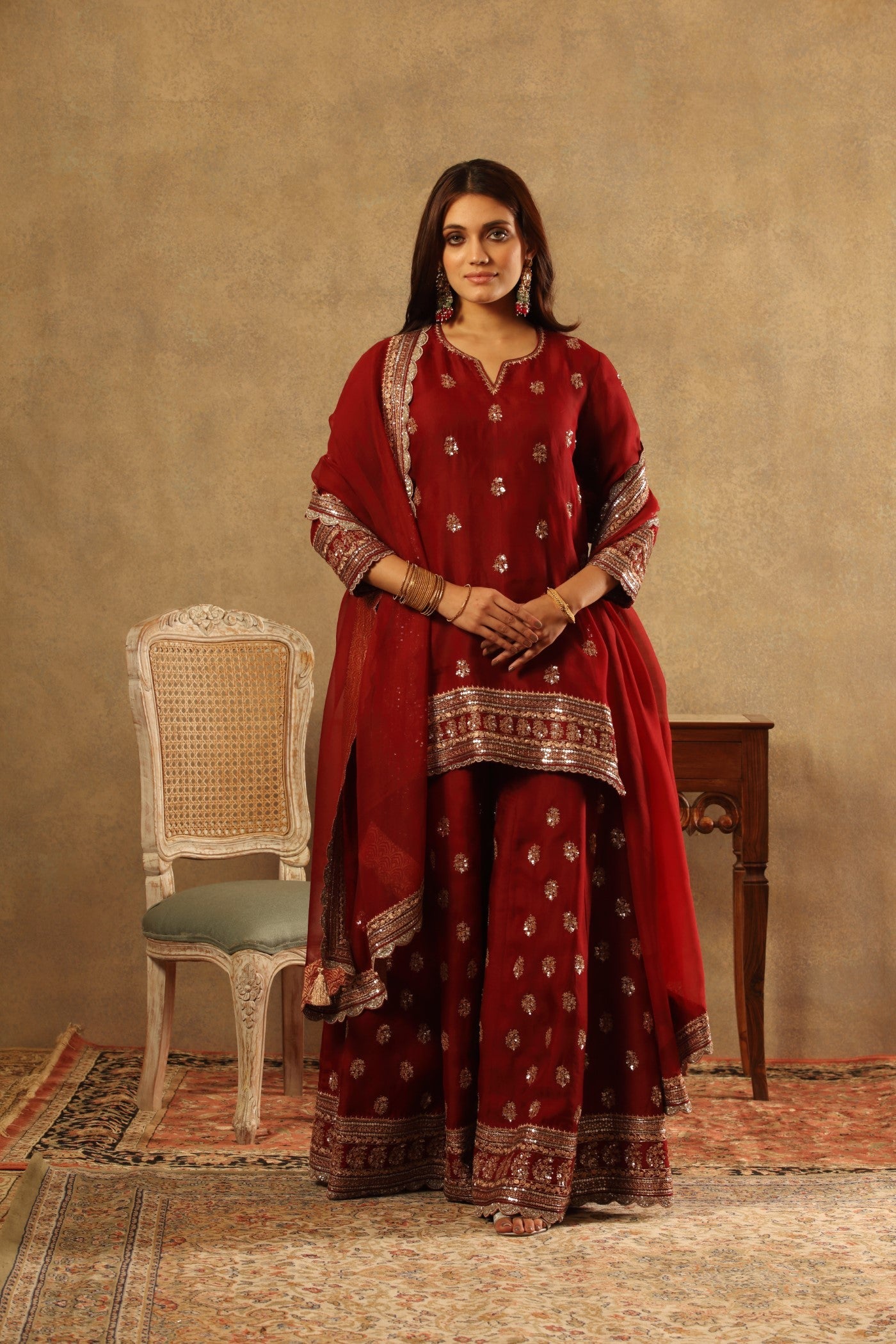 Hand Embroidered Ruby Wine Pure Silk Organza Short Kurta Sharara Set