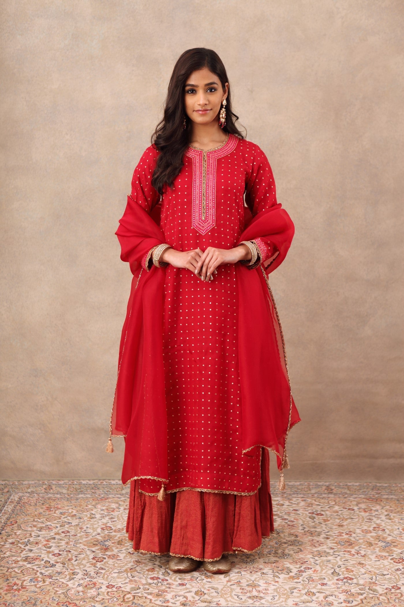 Hand Embroidered Crimson Pink Kurta Sharara Set