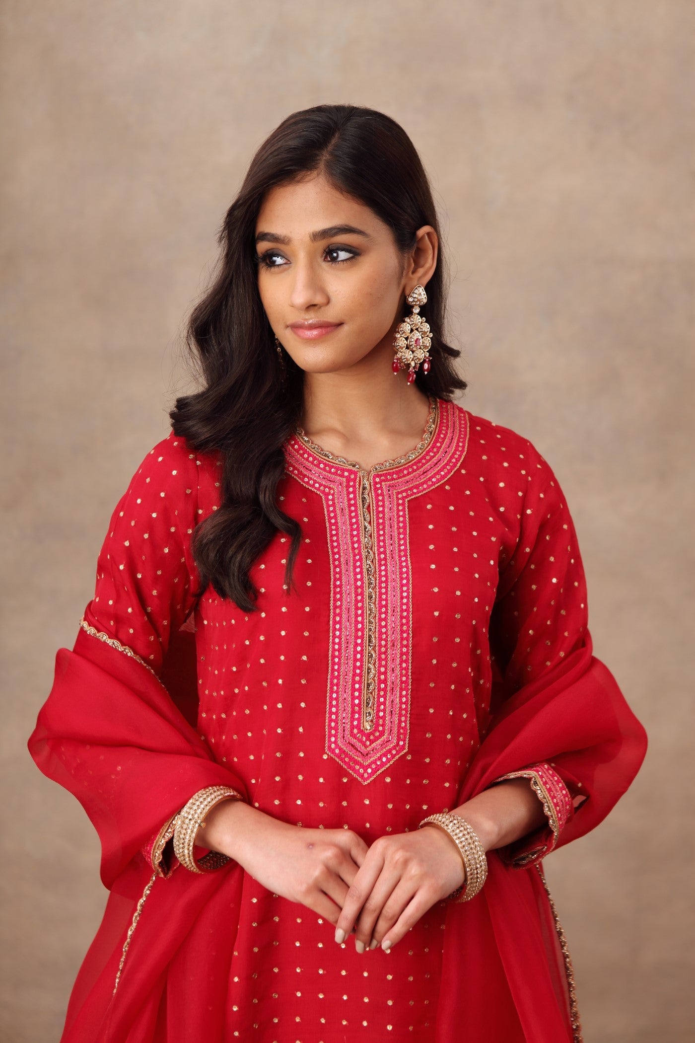 Hand Embroidered Crimson Pink Kurta Sharara Set