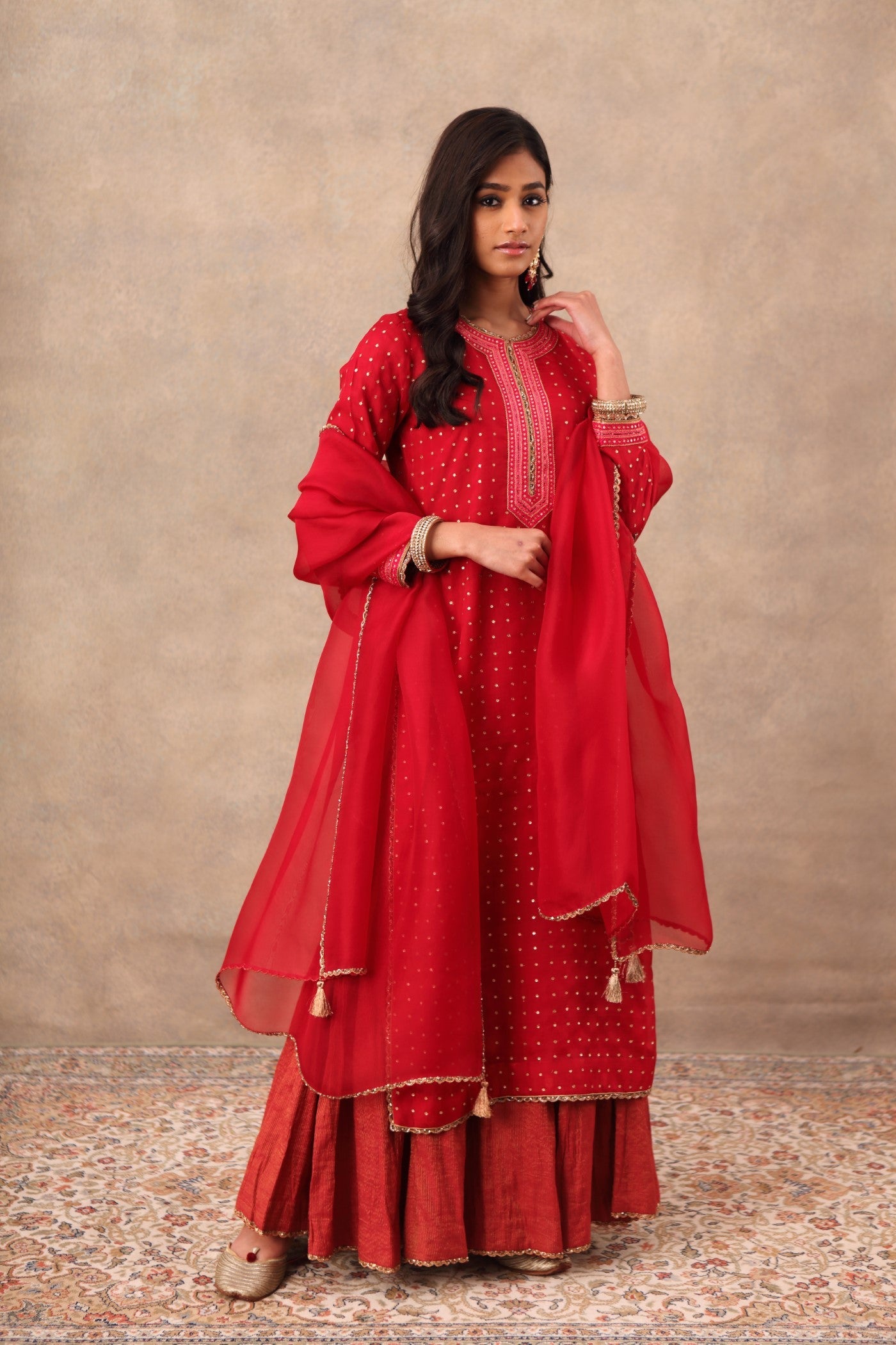 Hand Embroidered Crimson Pink Kurta Sharara Set