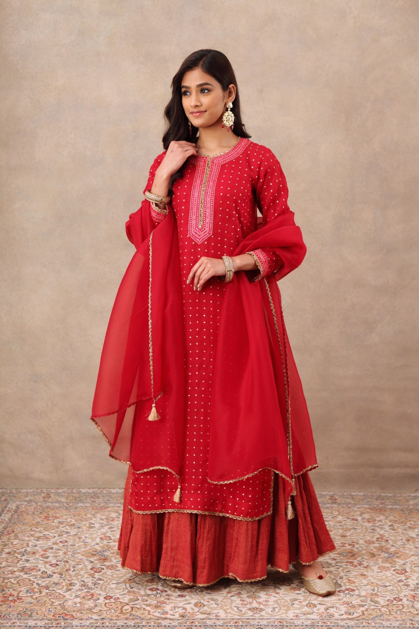 Hand Embroidered Crimson Pink Kurta Sharara Set