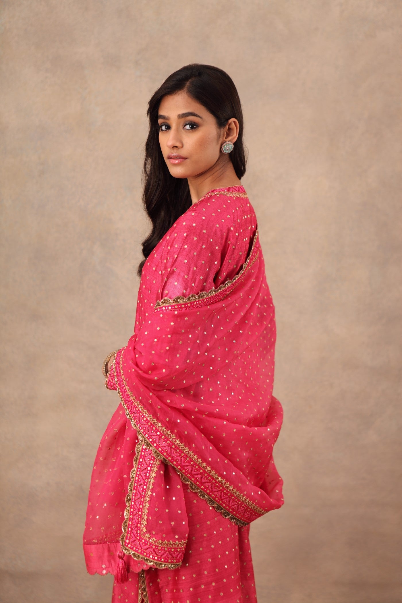 Hand Embroidered Pink Flambe Pure Tussar Georgette Kurta Churidaar Set