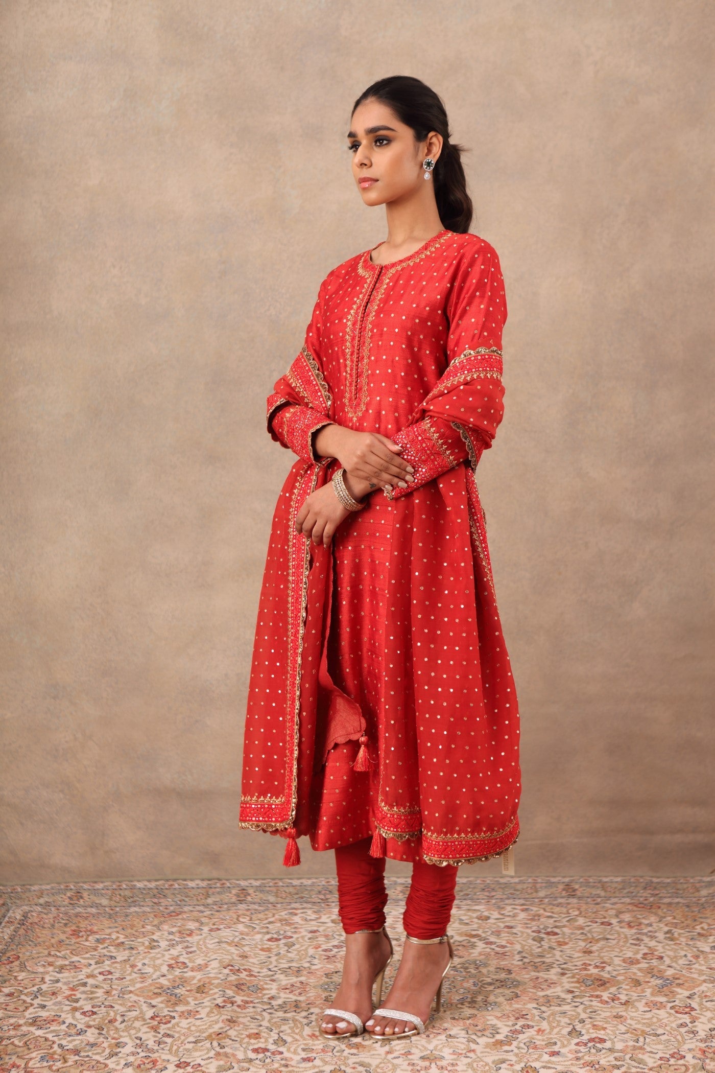 Hand Embroidered Red Molten Lava Pure Tussar Georgette Kurta Churidaar Set