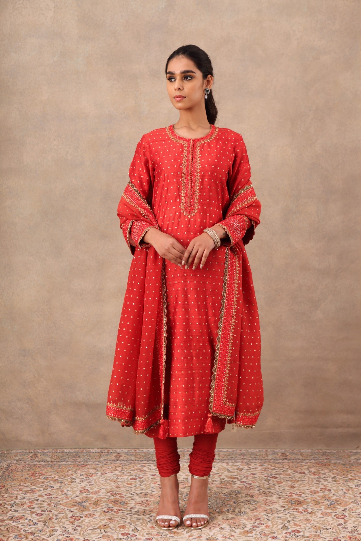 Hand Embroidered Red Molten Lava Pure Tussar Georgette Kurta Churidaar Set