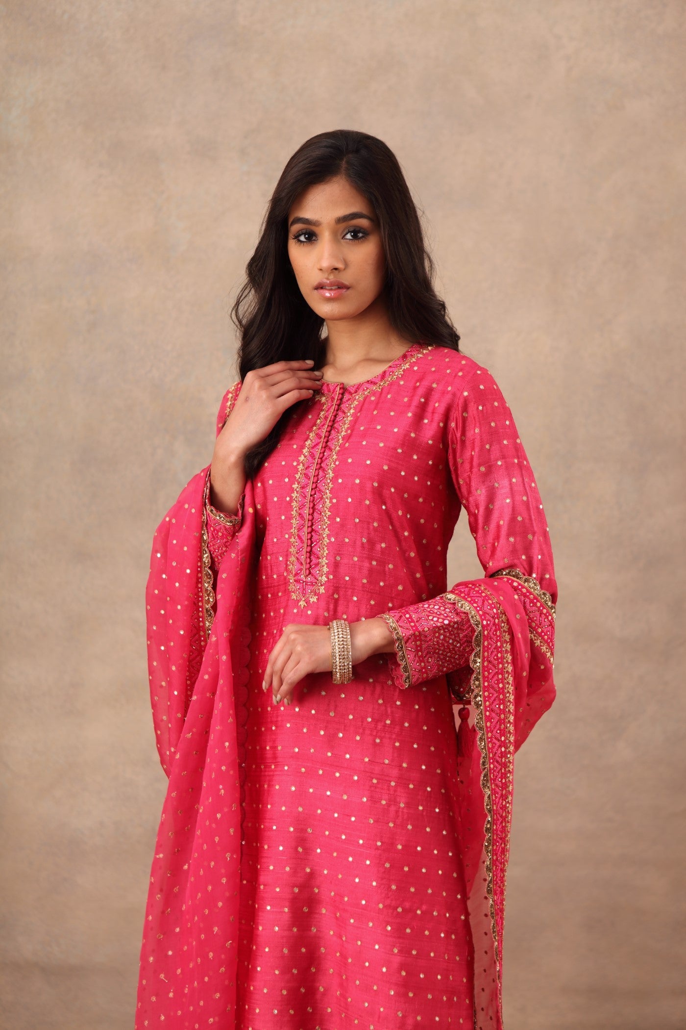 Hand Embroidered Pink Flambe Pure Tussar Georgette Kurta Churidaar Set