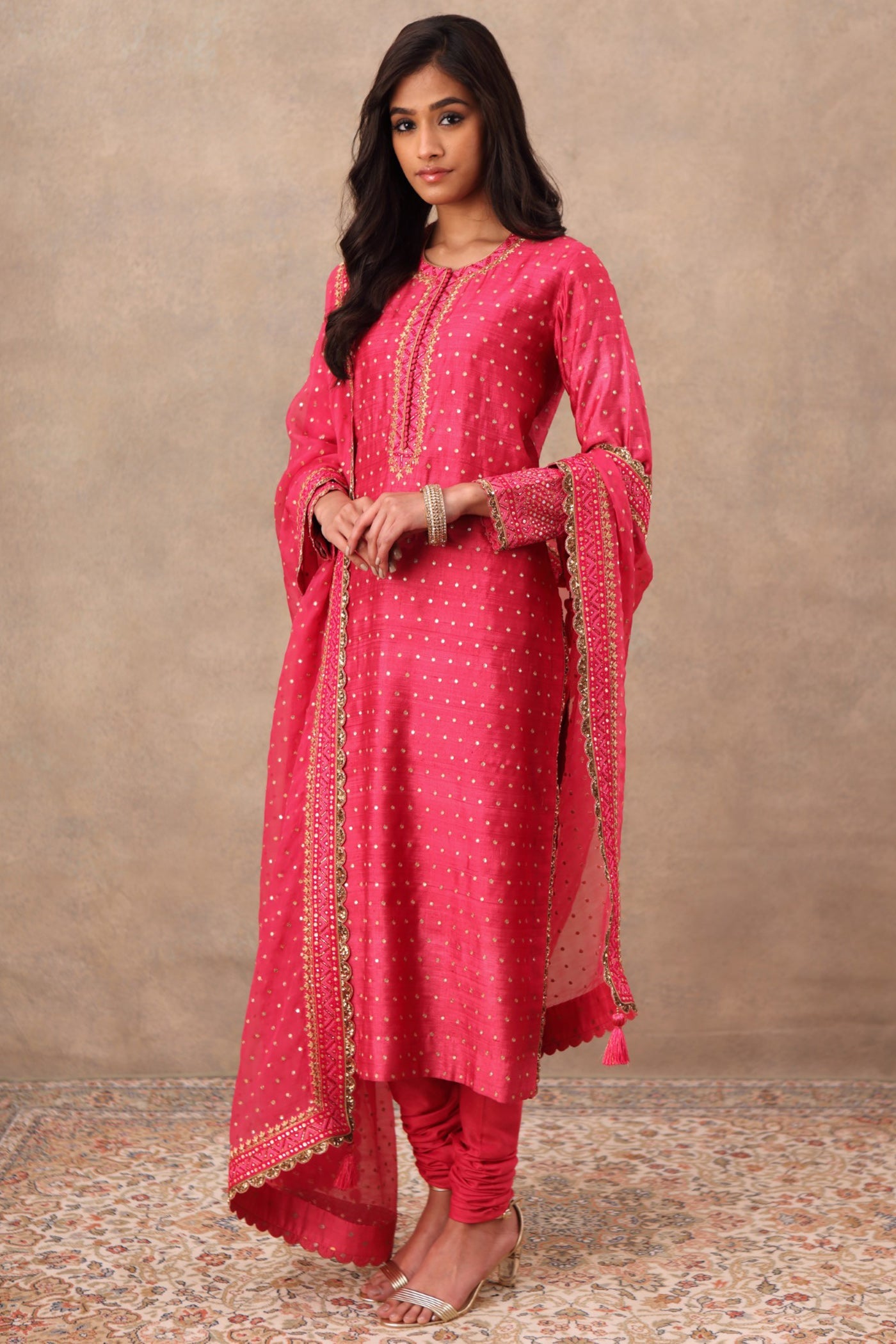 Hand Embroidered Pink Flambe Pure Tussar Georgette Kurta Churidaar Set