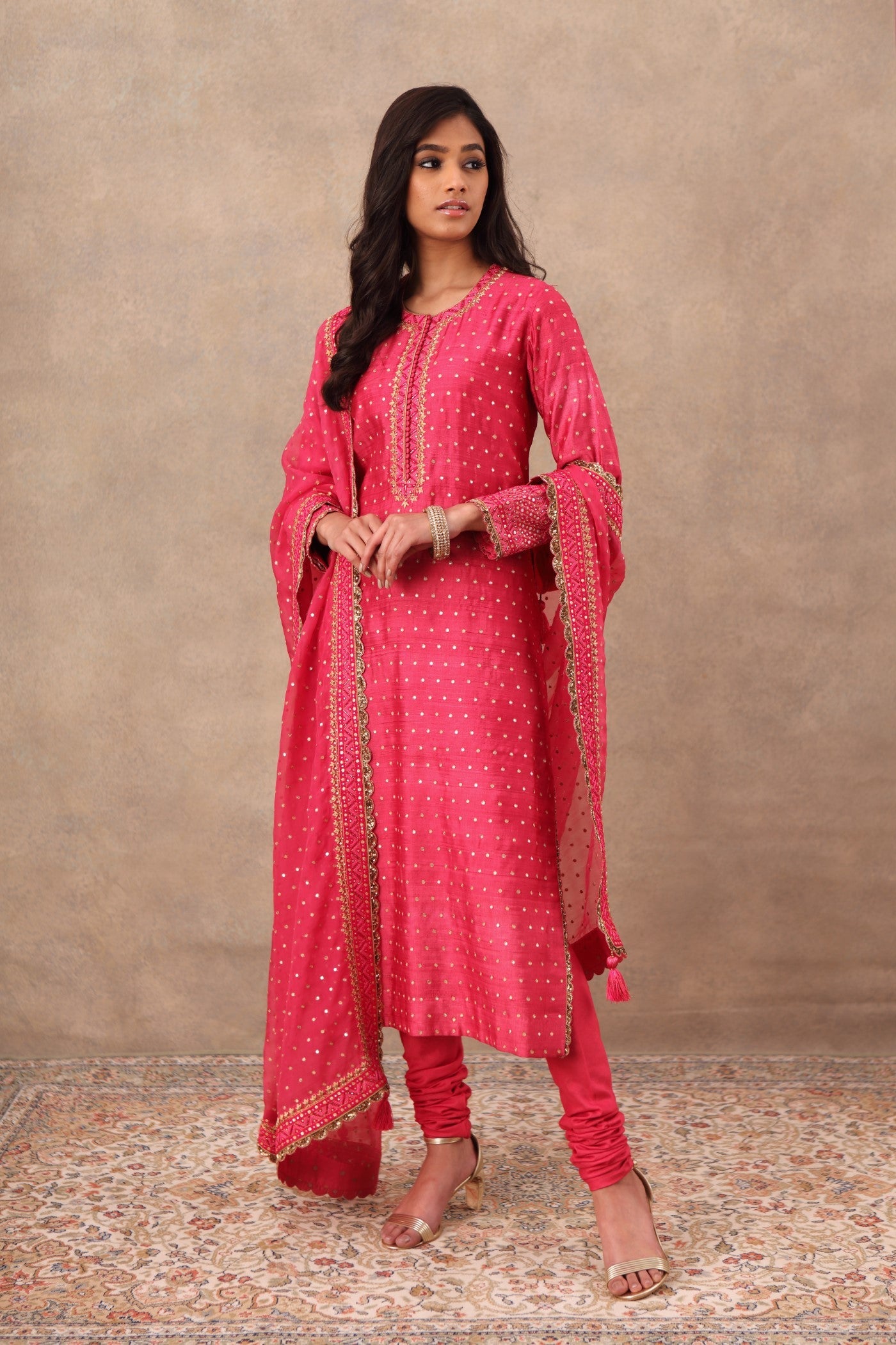 Hand Embroidered Pink Flambe Pure Tussar Georgette Kurta Churidaar Set
