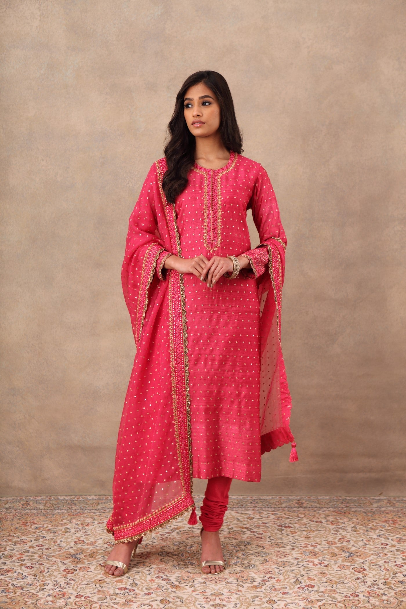 Hand Embroidered Pink Flambe Pure Tussar Georgette Kurta Churidaar Set
