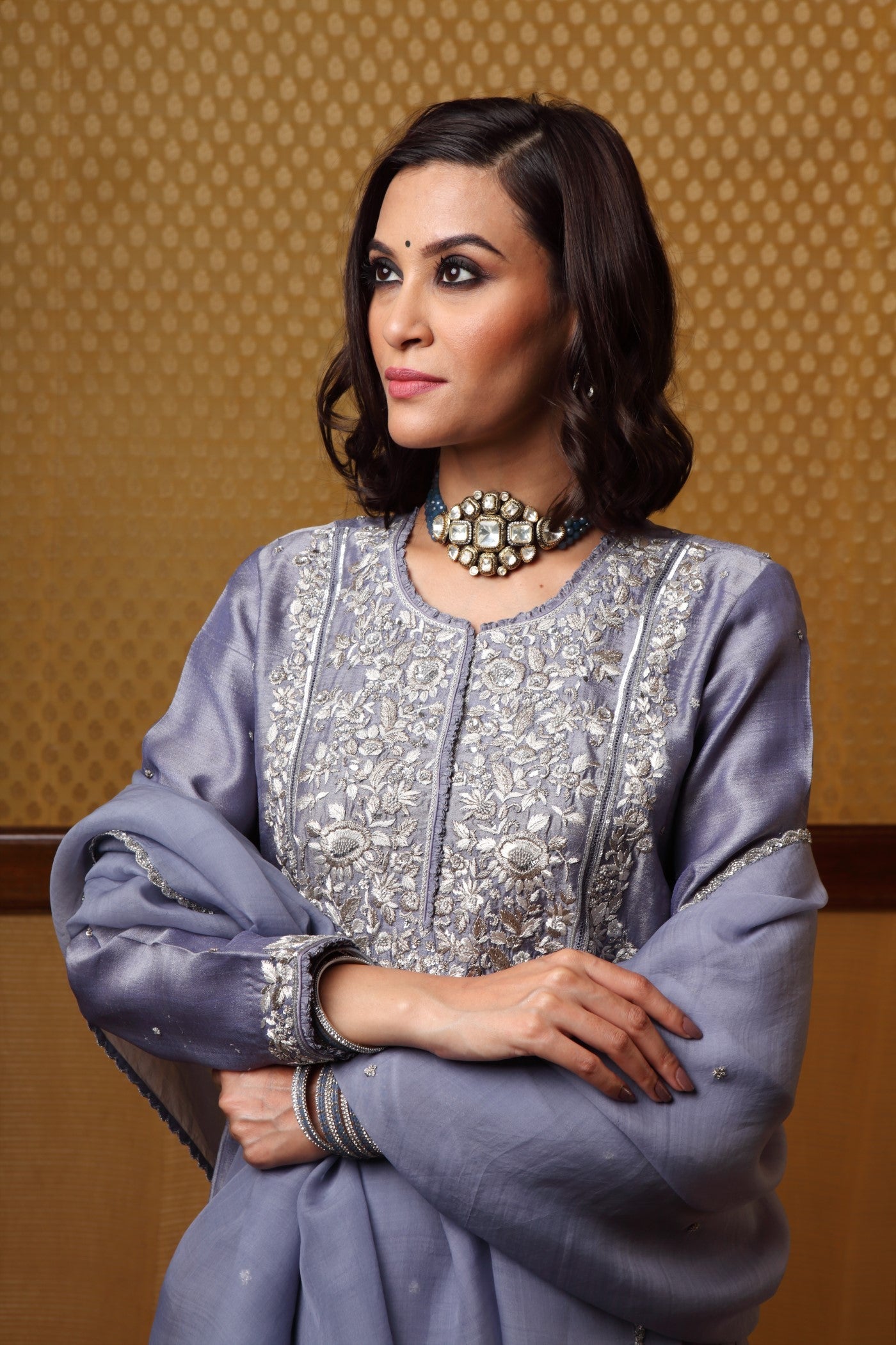 Handembroidered Lavenderblue Pure Tussargeorgette Kurtachuridaar Set
