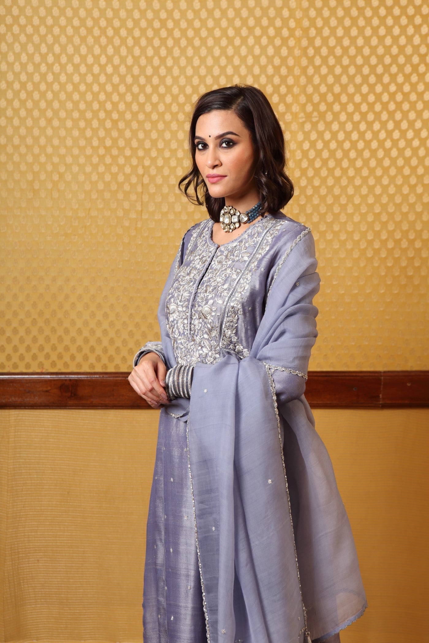 Handembroidered Lavenderblue Pure Tussargeorgette Kurtachuridaar Set