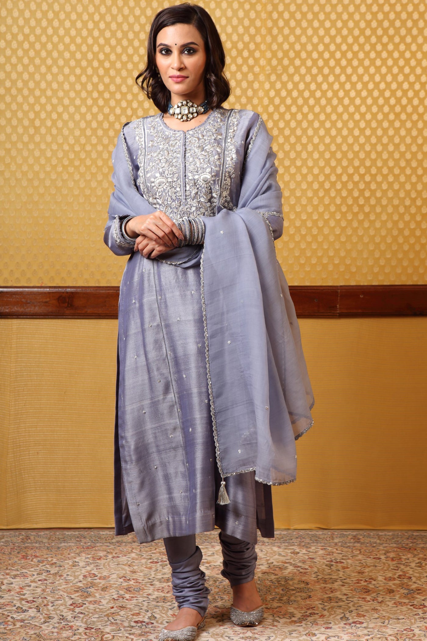 Handembroidered Lavenderblue Pure Tussargeorgette Kurtachuridaar Set