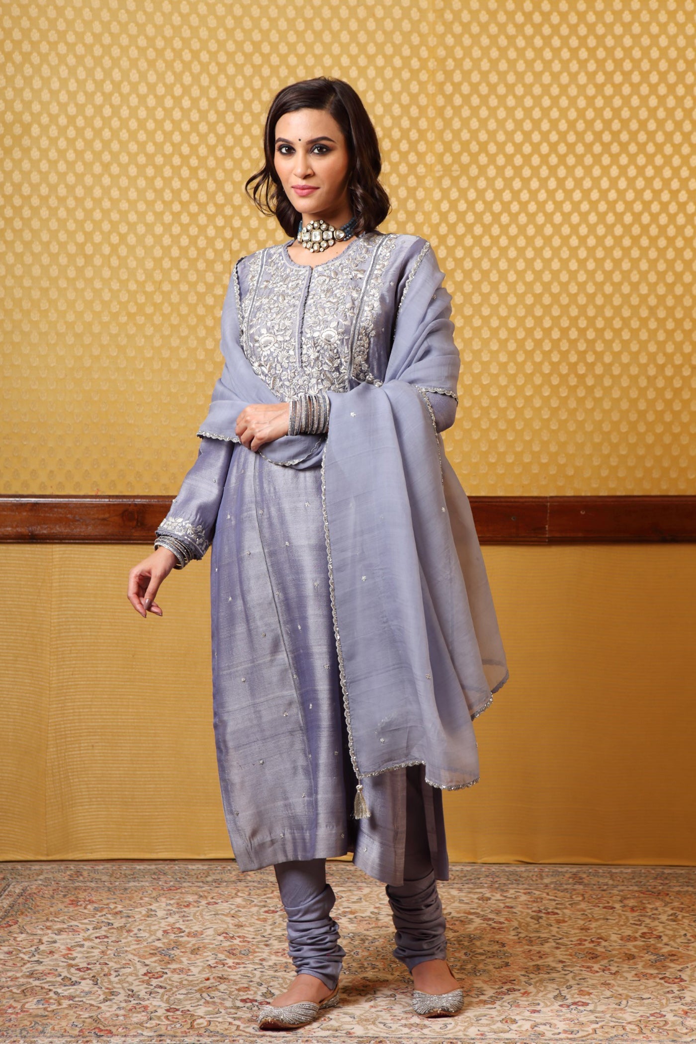 Handembroidered Lavenderblue Pure Tussargeorgette Kurtachuridaar Set